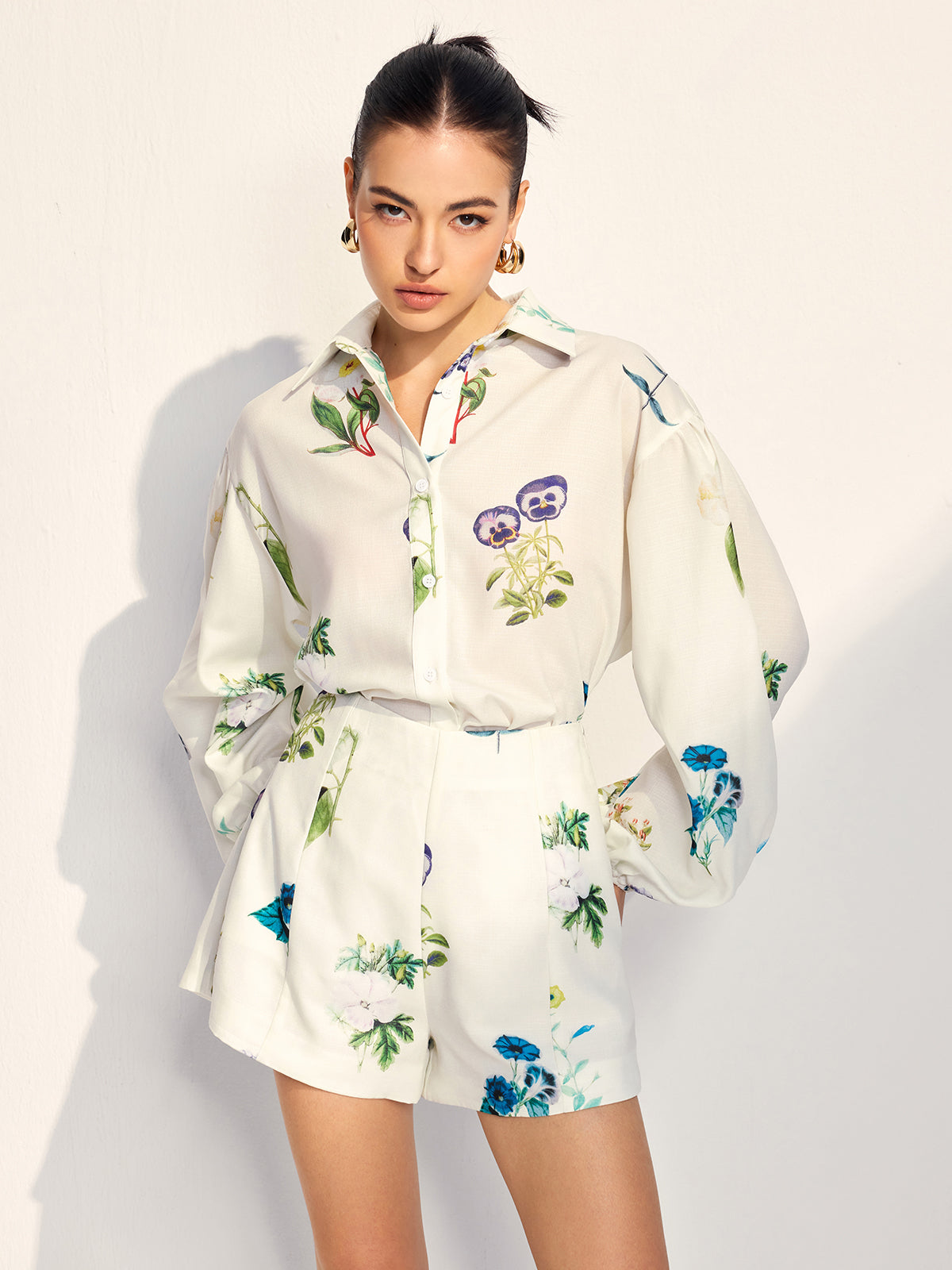 Floral Printed Lapel Long Sleeve Shorts Set