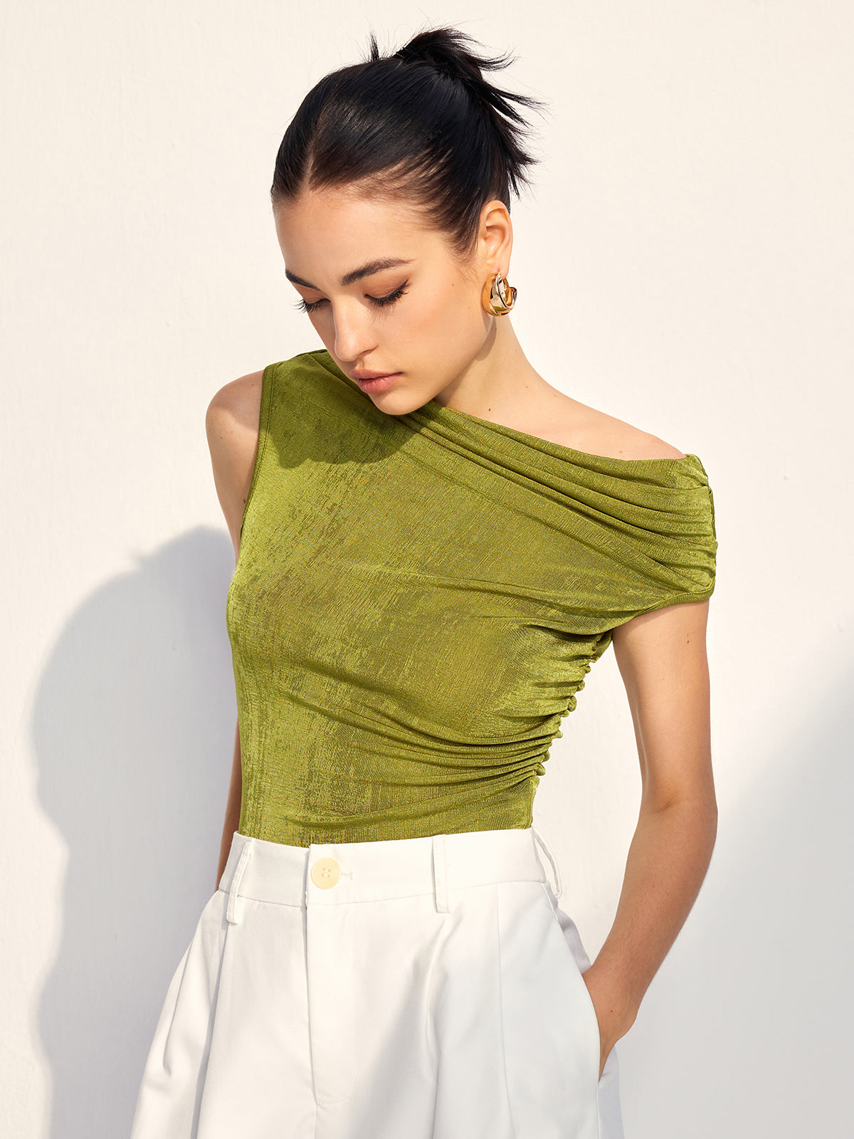 Cold Shoulder Pleated Tank Top