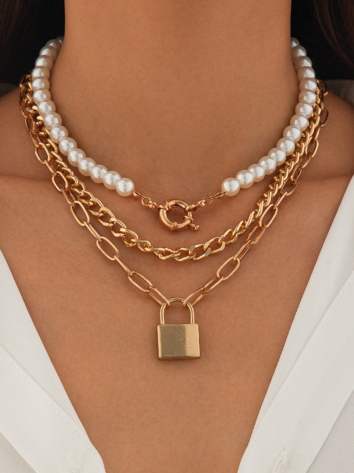 3pcs Lock Pearl Necklace