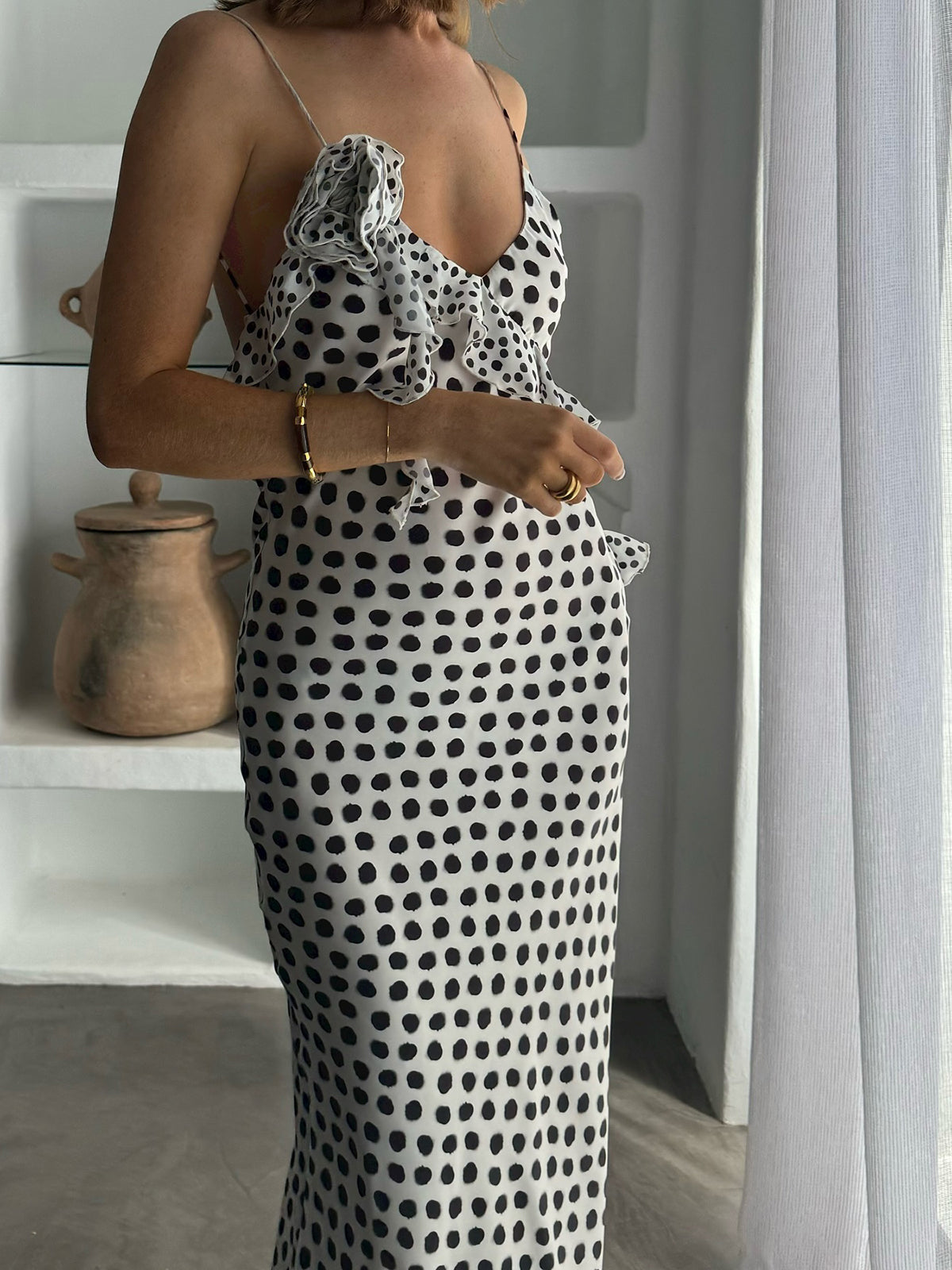 Ruffle Polka Dot Backless Cami Long Dress