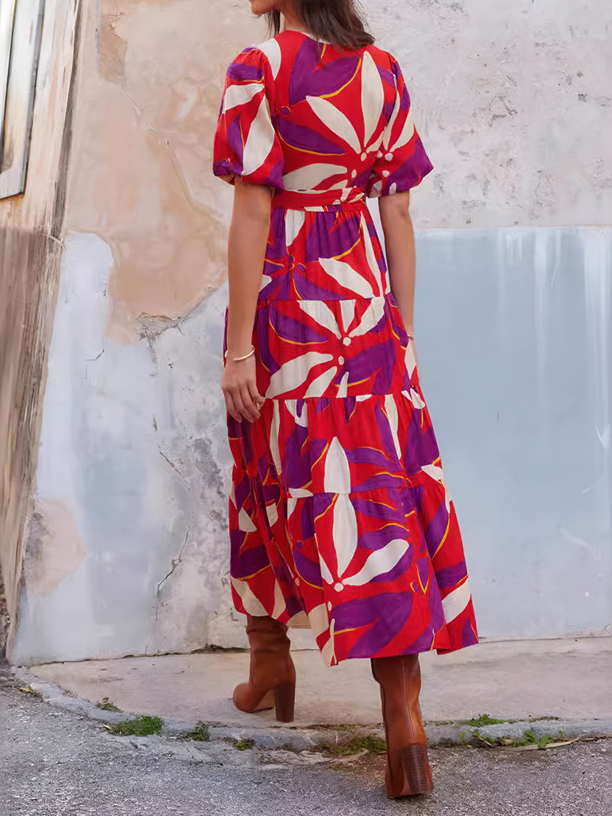 Printed Split V-Neck Midi Dress