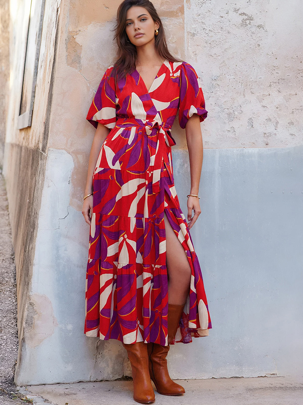 Printed Split V-Neck Midi Dress