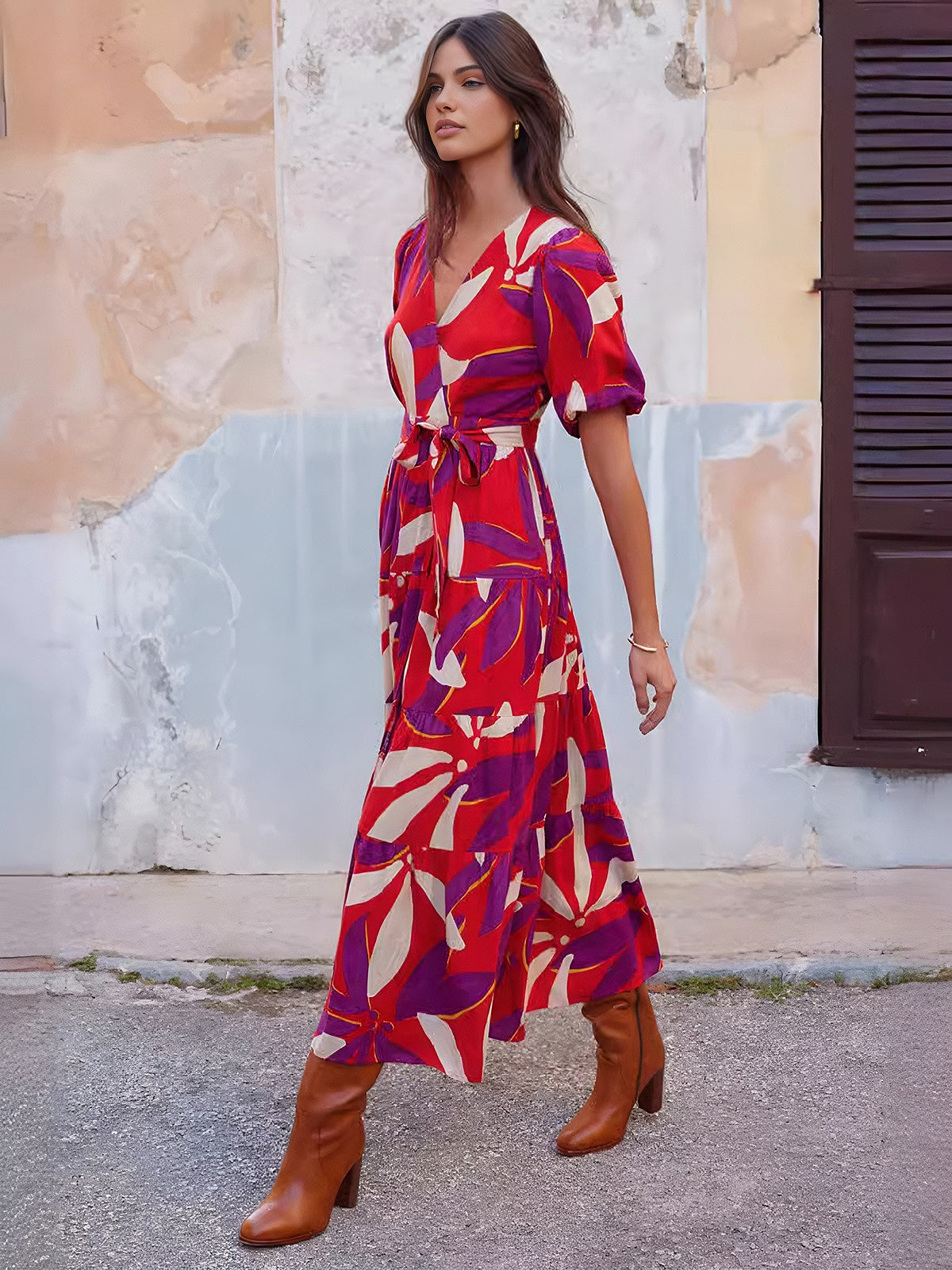 Printed Split V-Neck Midi Dress