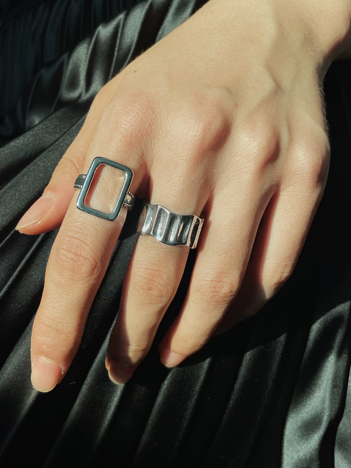 2pcs Geometric Silver Ribbed Ring