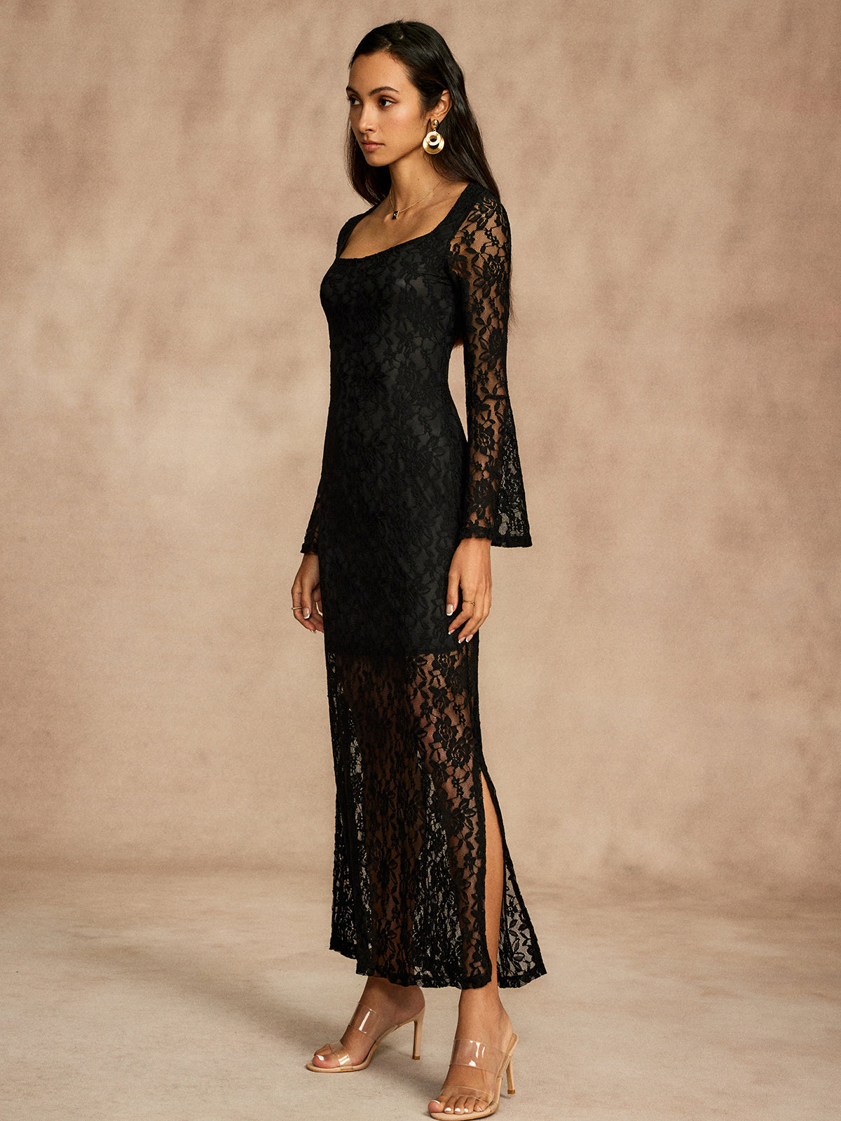 Lace Bell Sleeve Lined Dress