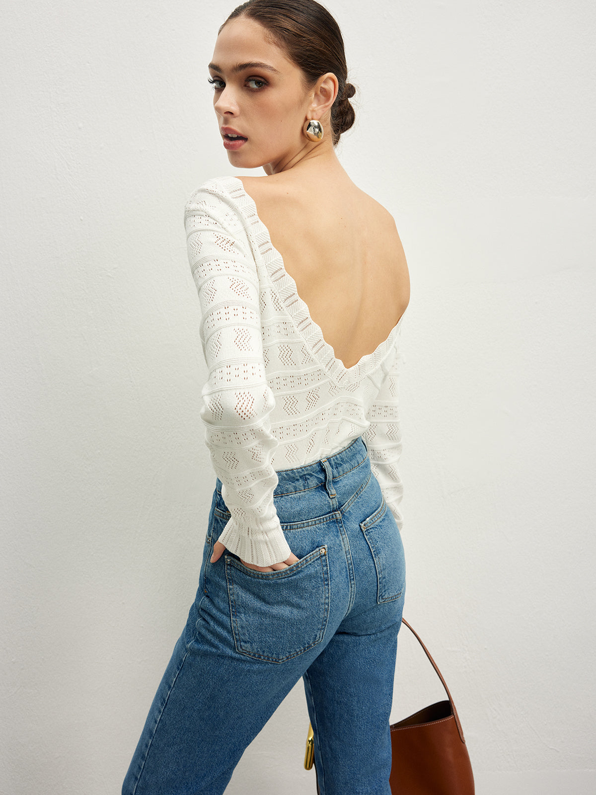 Sallad Trim Backless Pointelle Stickad Topp