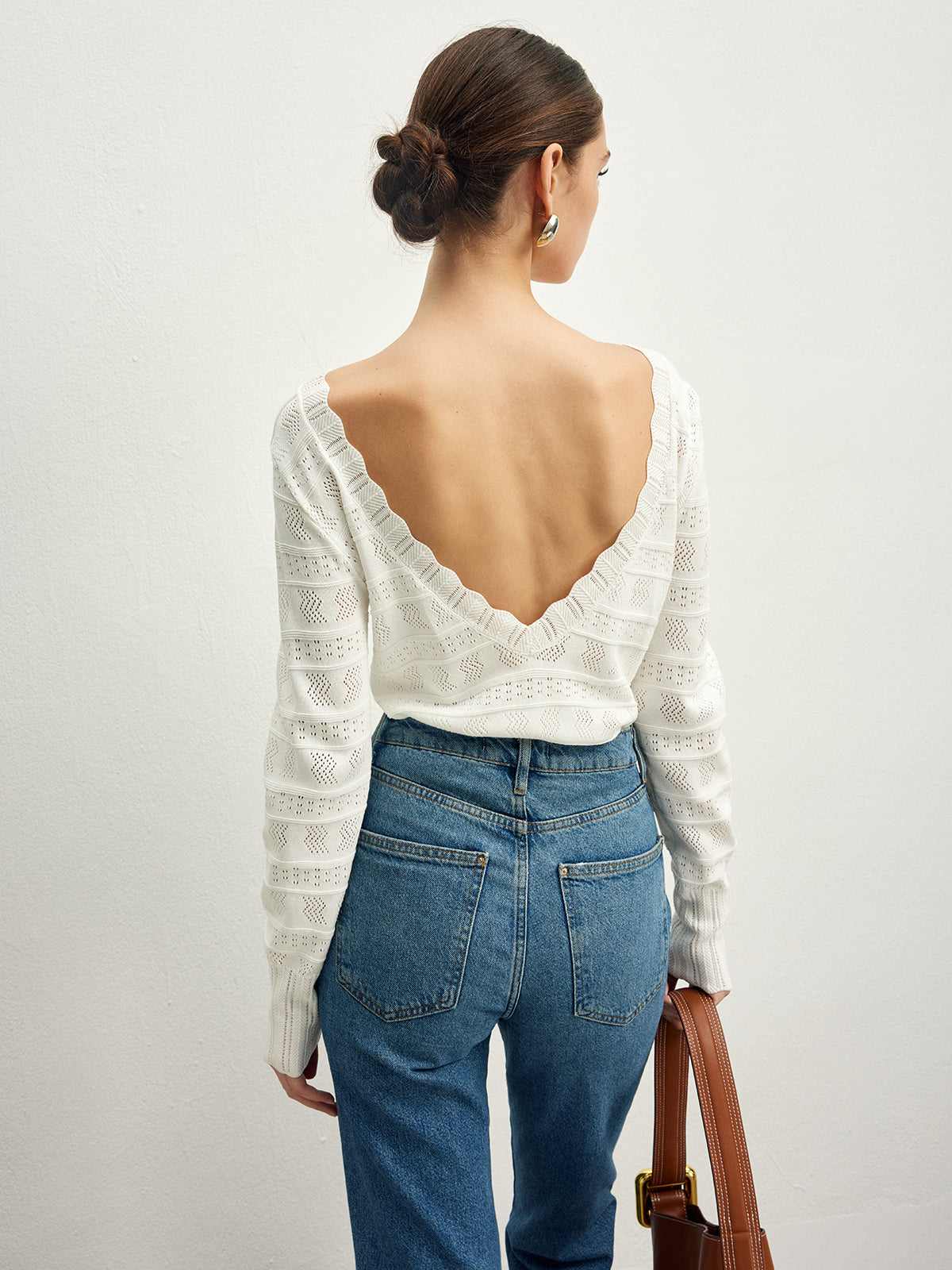 Sallad Trim Backless Pointelle Stickad Topp