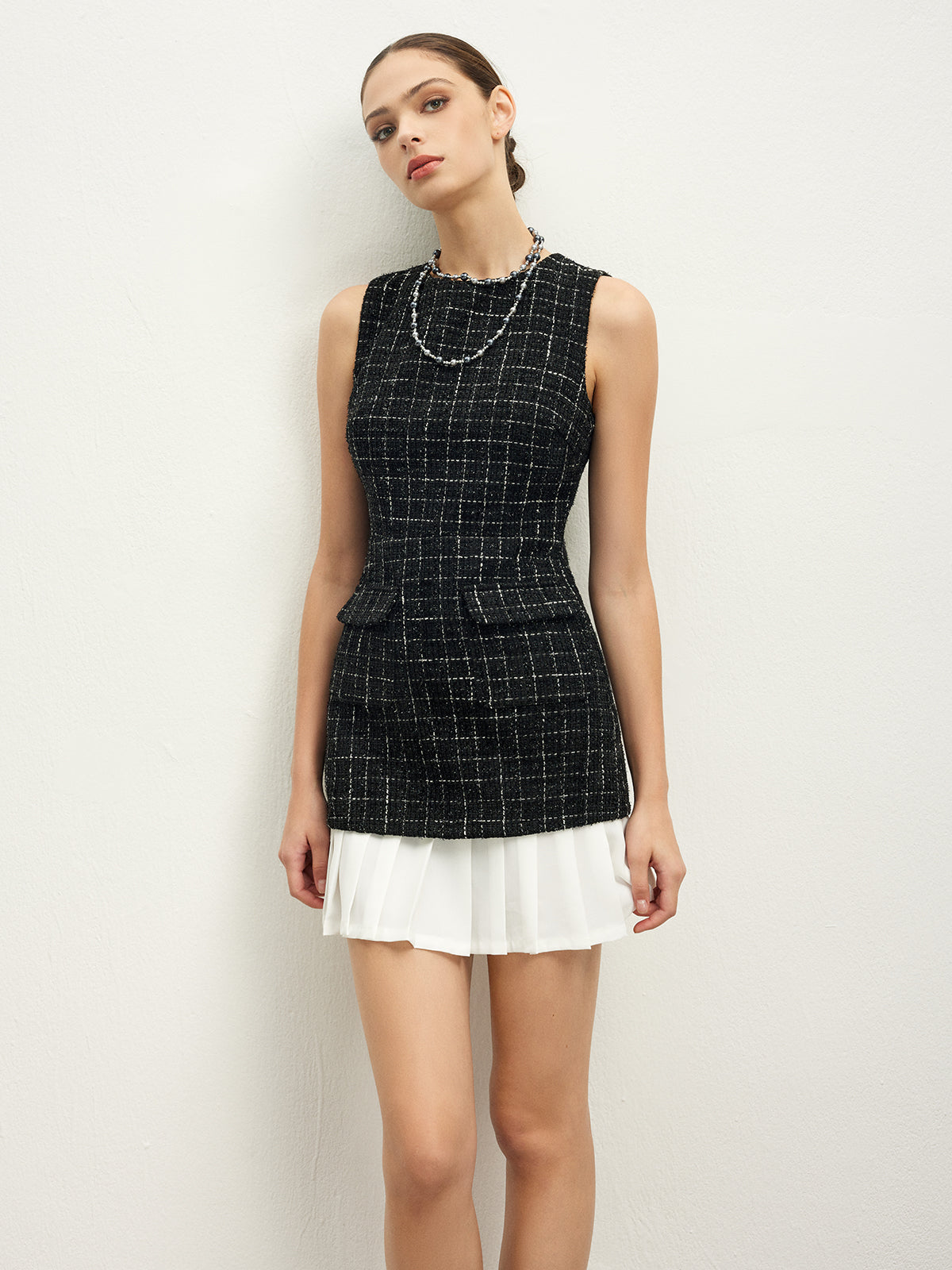 Checkered Tweed Panel Tank Dress