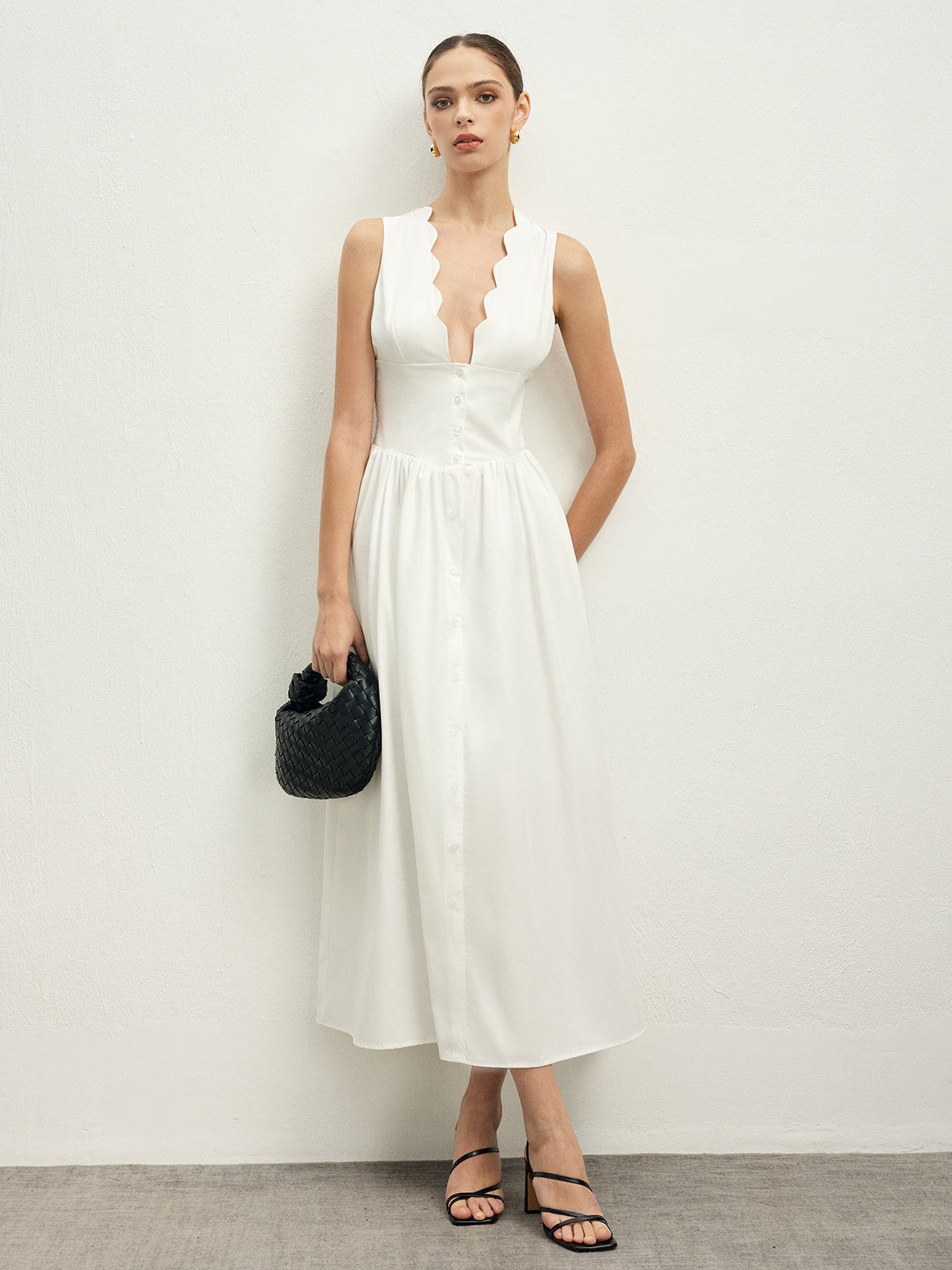 Ruffle Trim Neck Button Sleeveless Dress