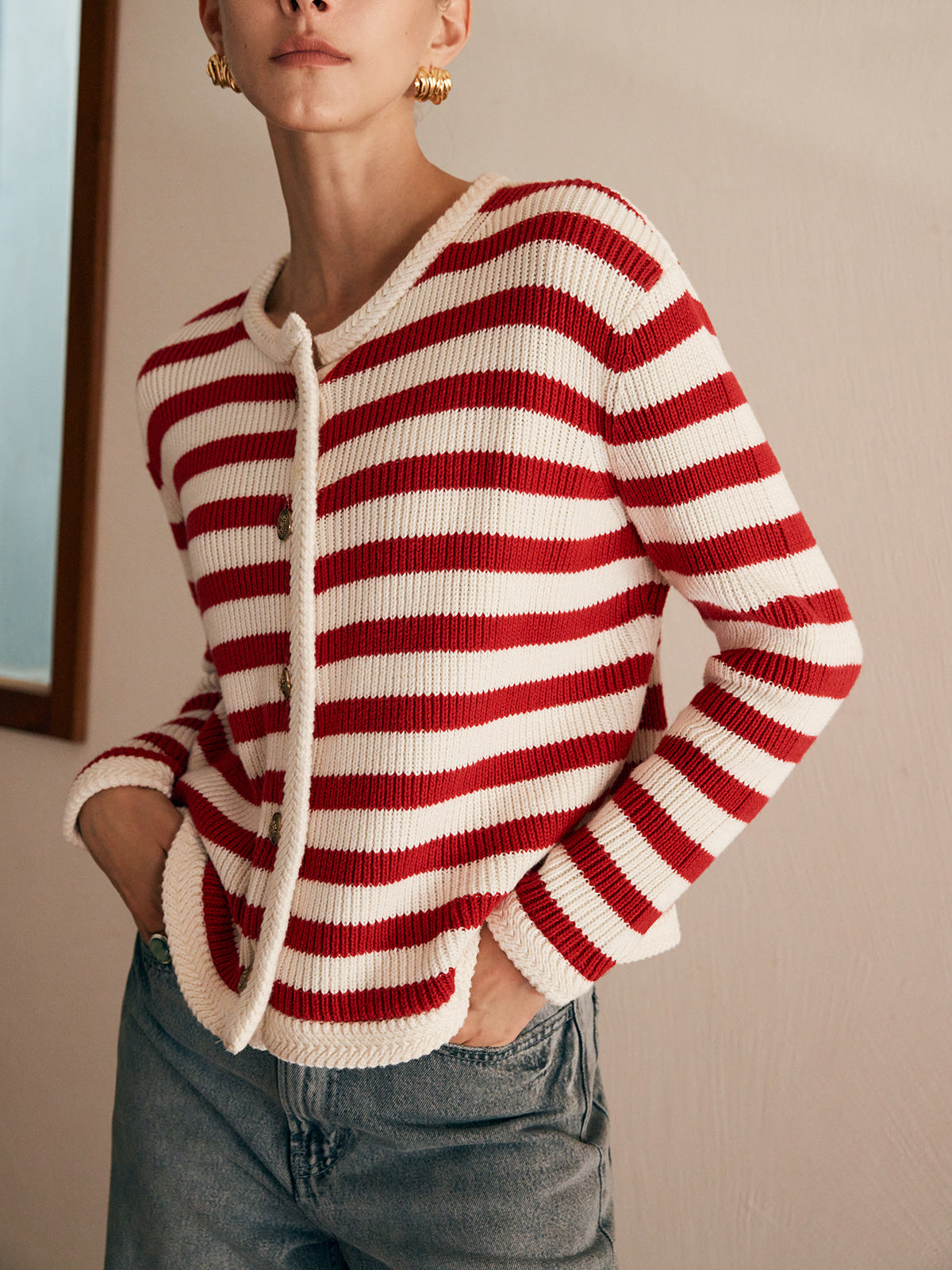 Crew Neck Striped Jersey Cardigan