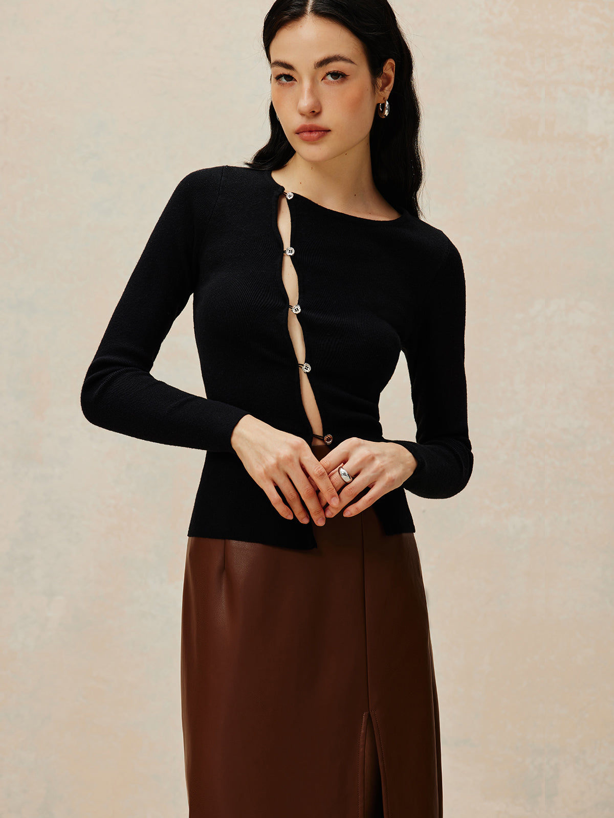 Asymmetrical Split Button Knit Top