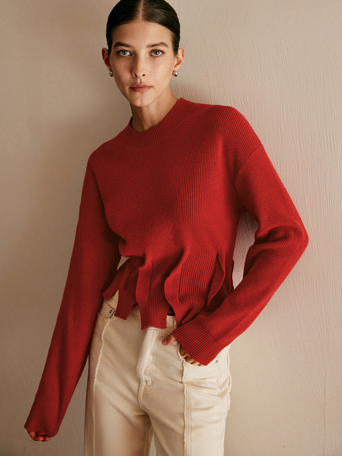 Wool-Blend Pleated Design Sweater