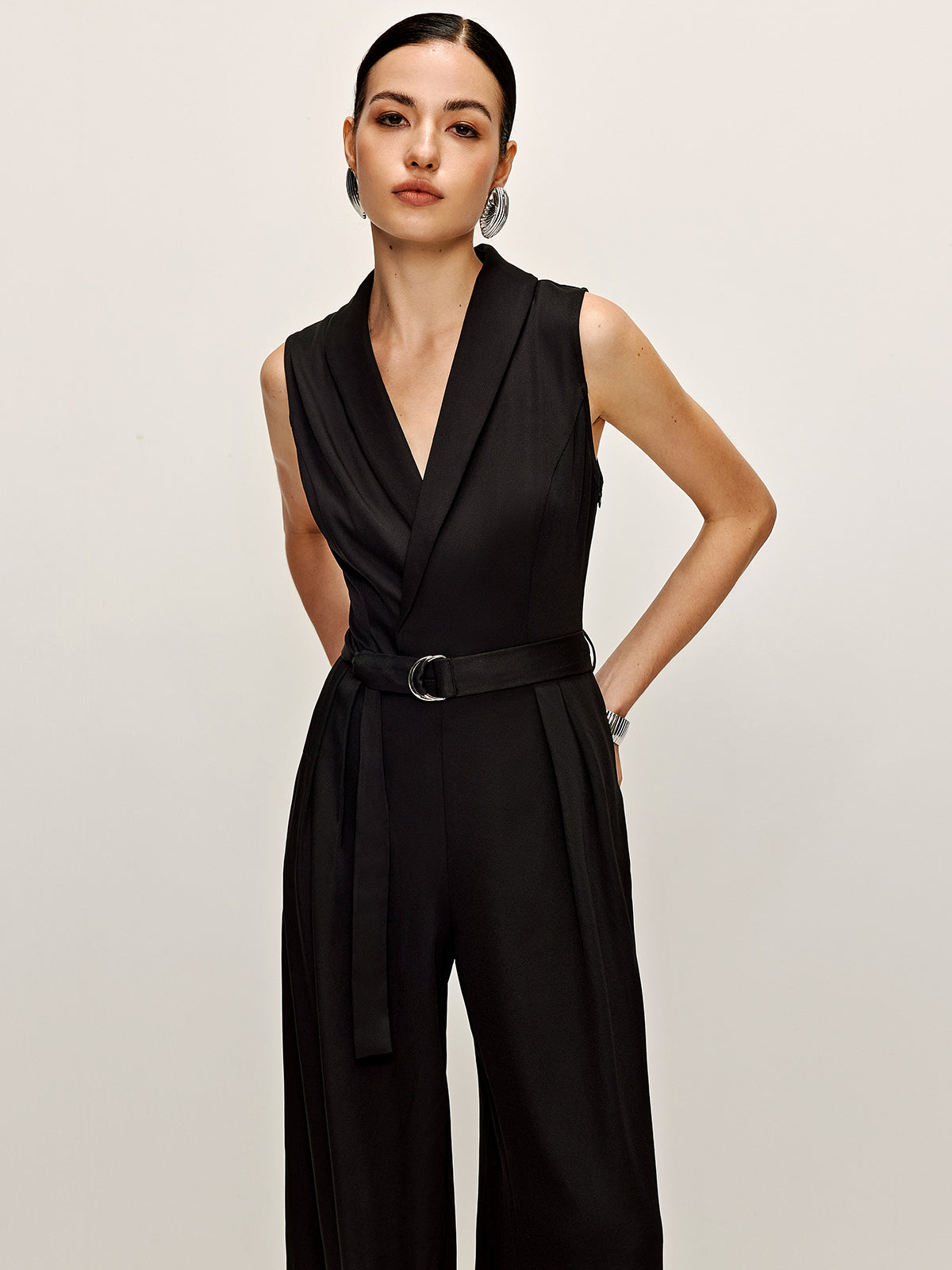 Plain Panel Sleeveless Belted Jumpsuit