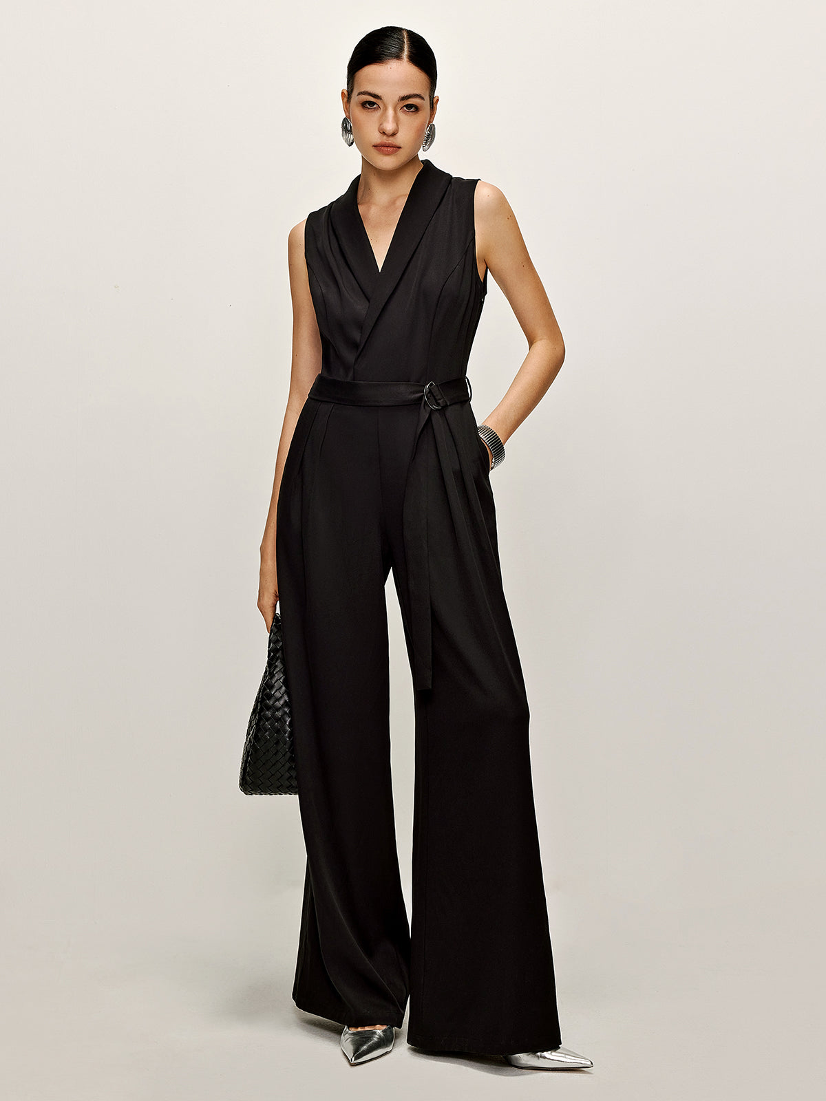 Plain Panel Sleeveless Belted Jumpsuit