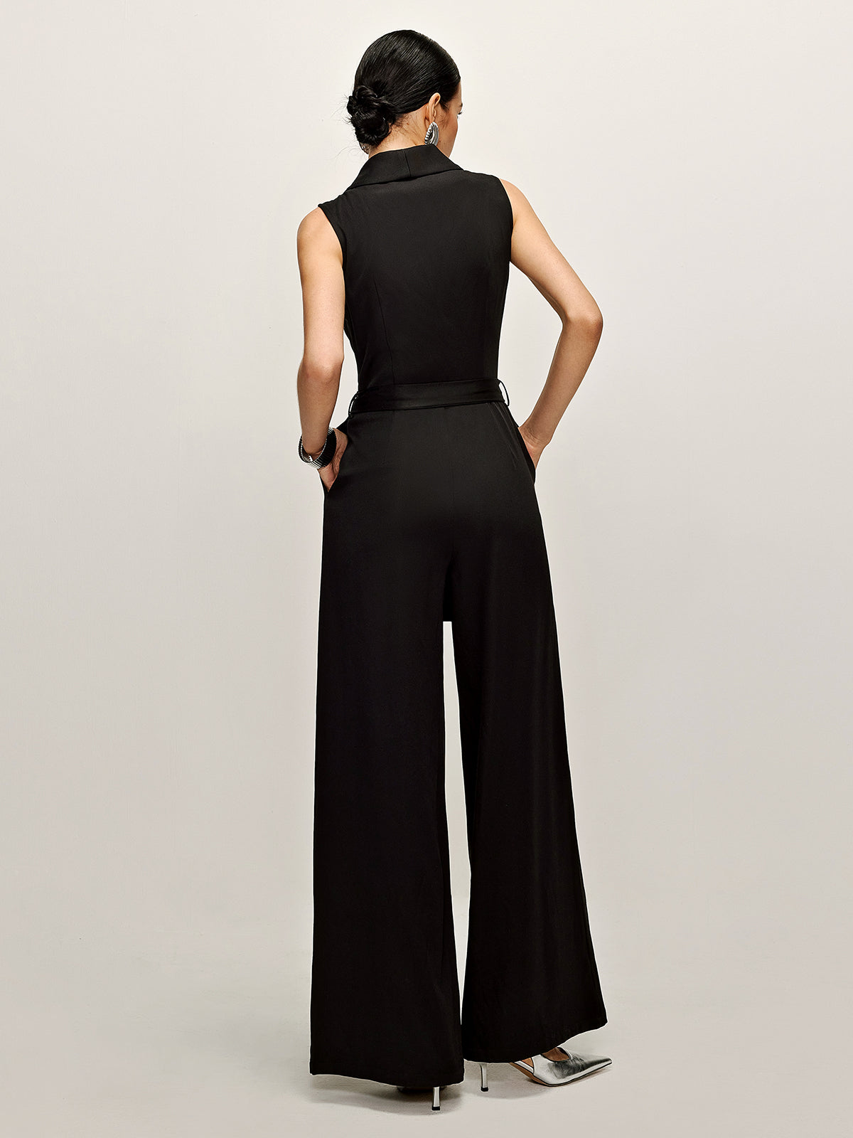 Plain Panel Sleeveless Belted Jumpsuit