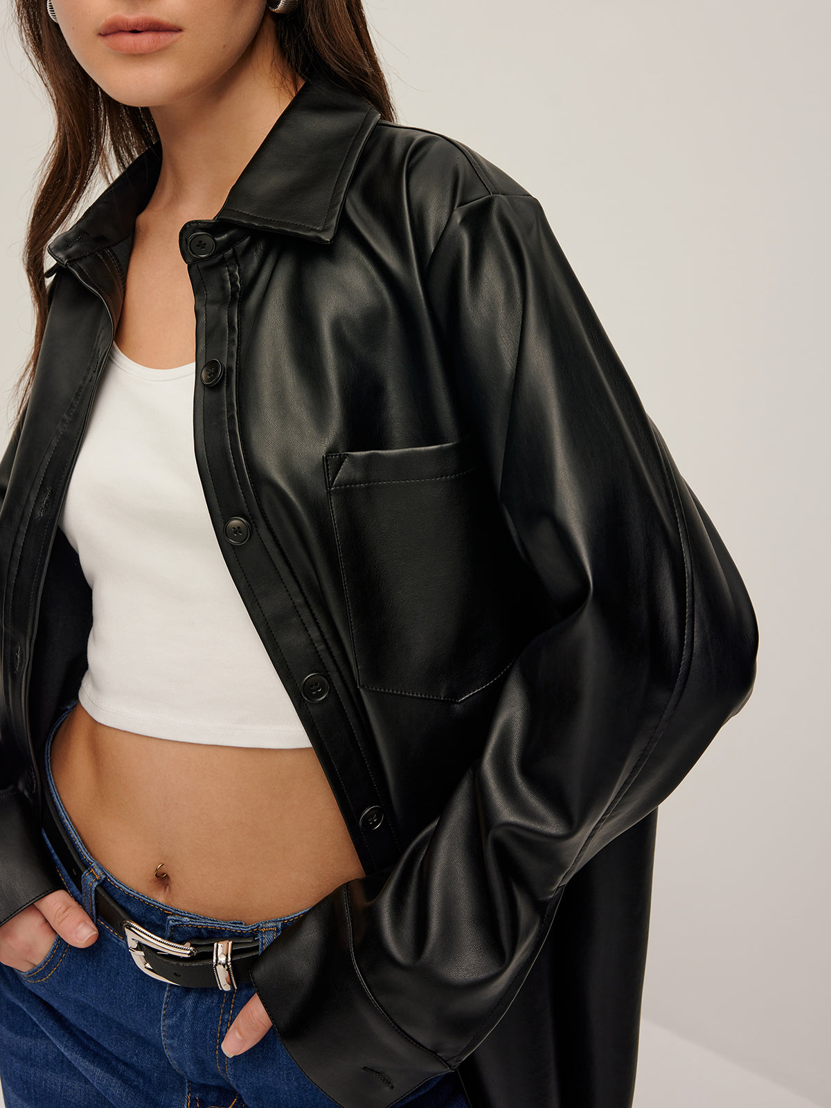 Plain Faux Leather Lapel Shirt