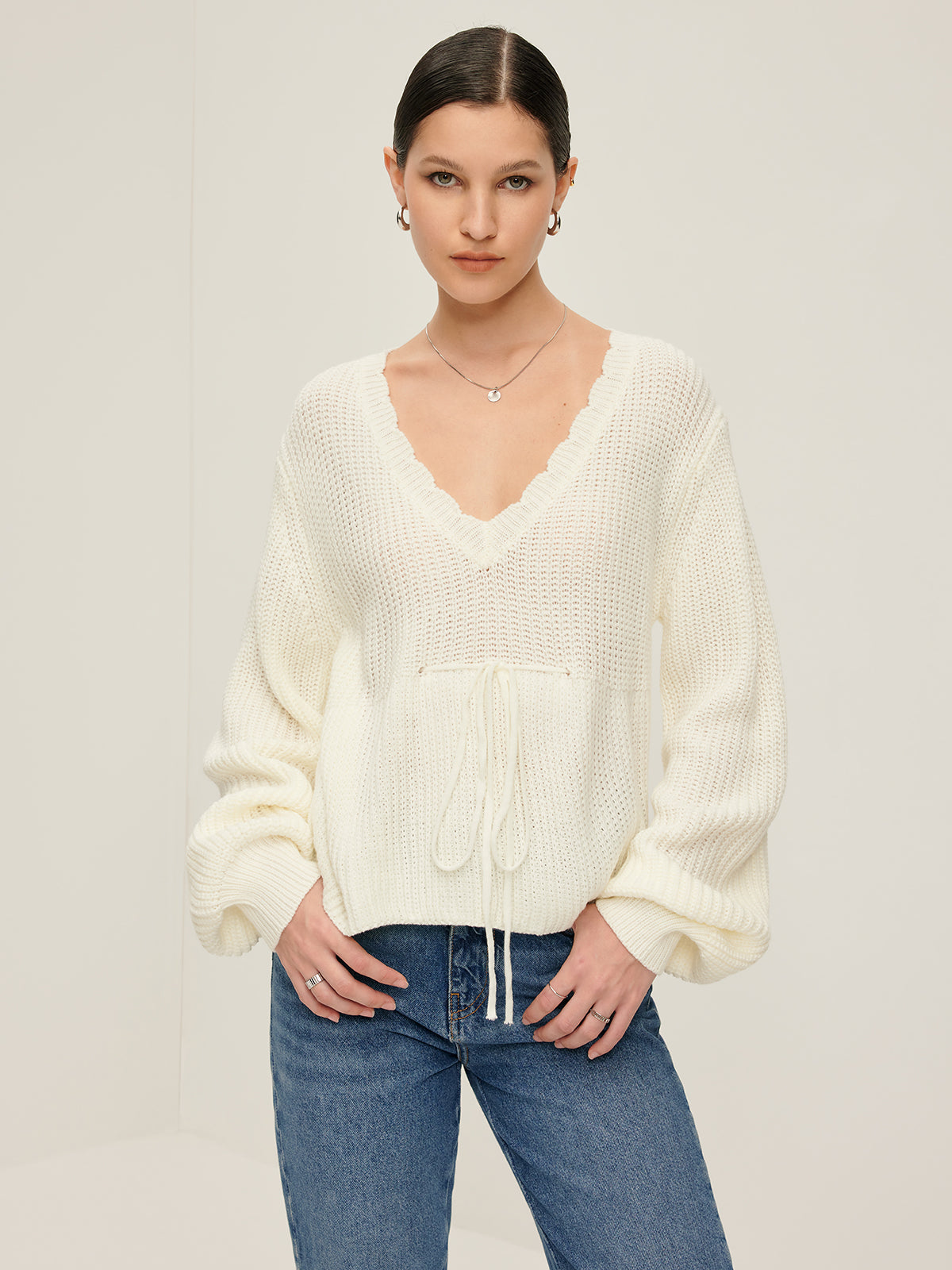 V-Neck Lettuce Trim Lace Up Sweater