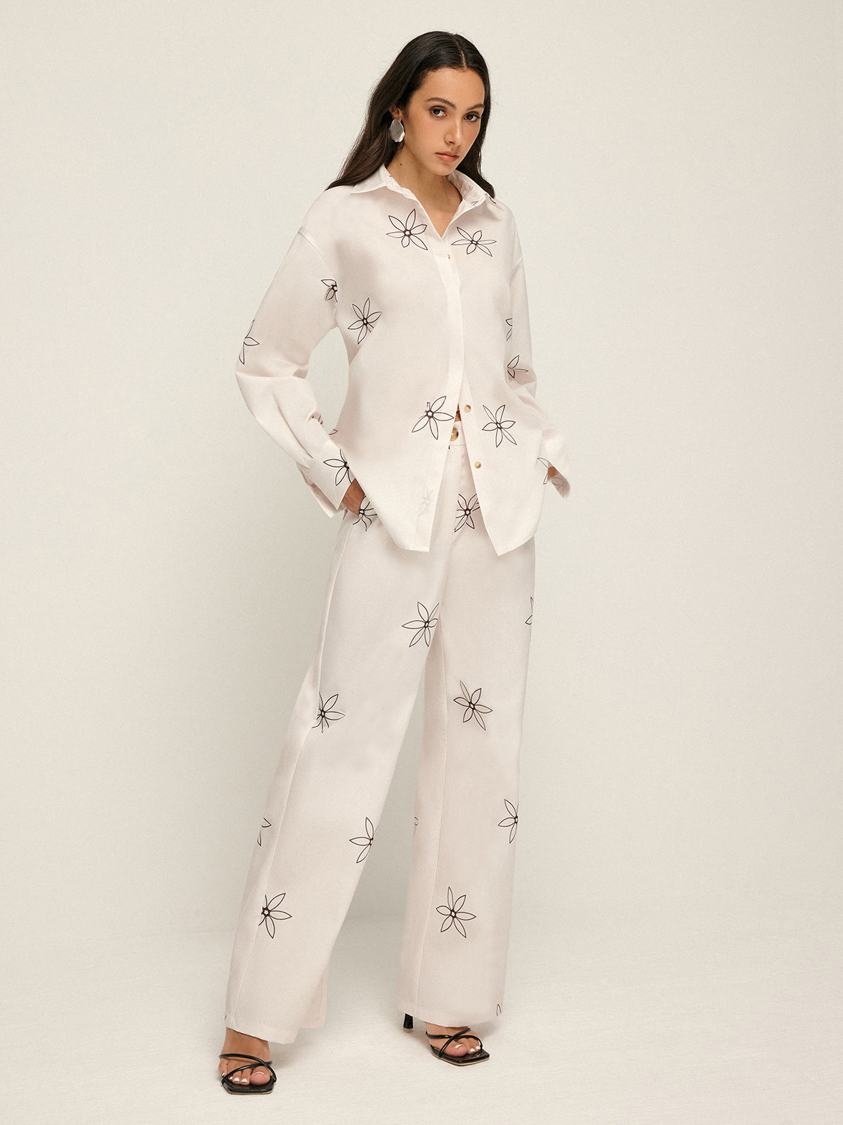 Printed Lapel Button Pants Set