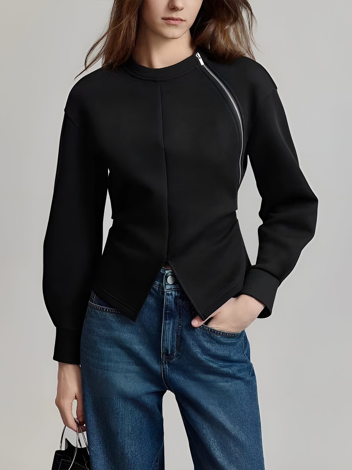 Plain Zipper Split Blouse