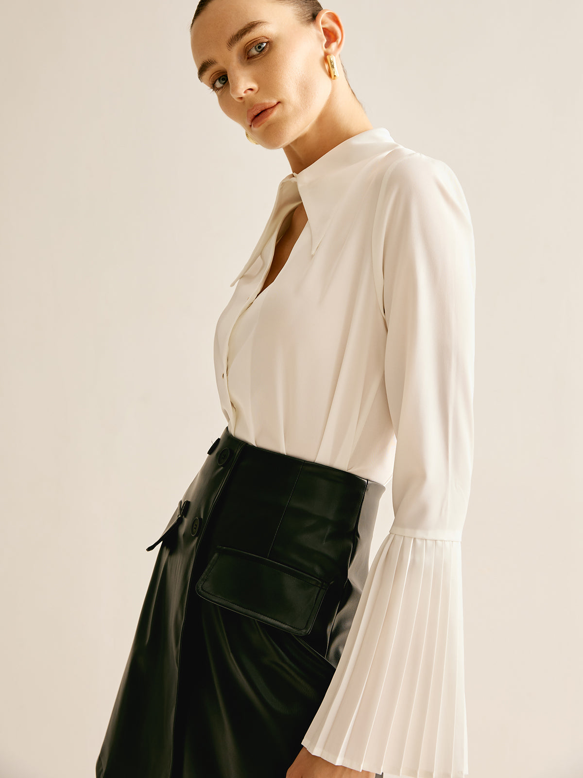 Cutout Plain Button Pleated Cuff Shirt