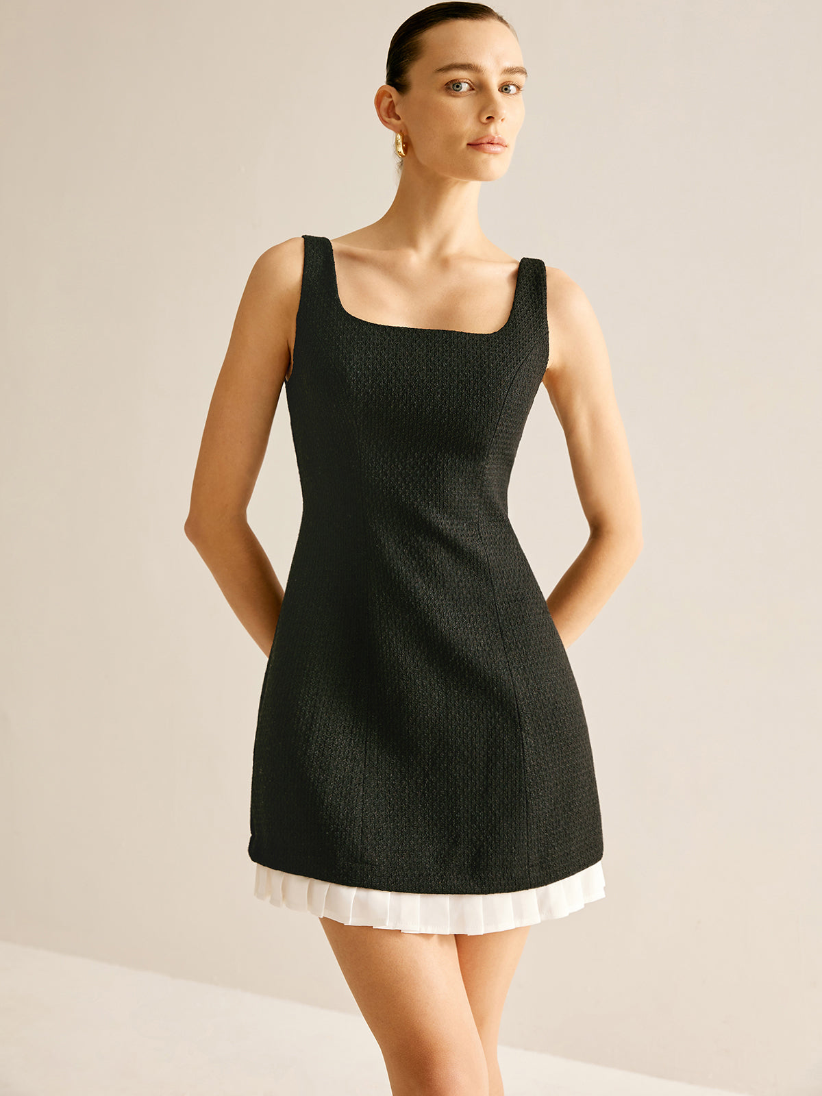 Pleated Trim Tweed Tank Short Dress