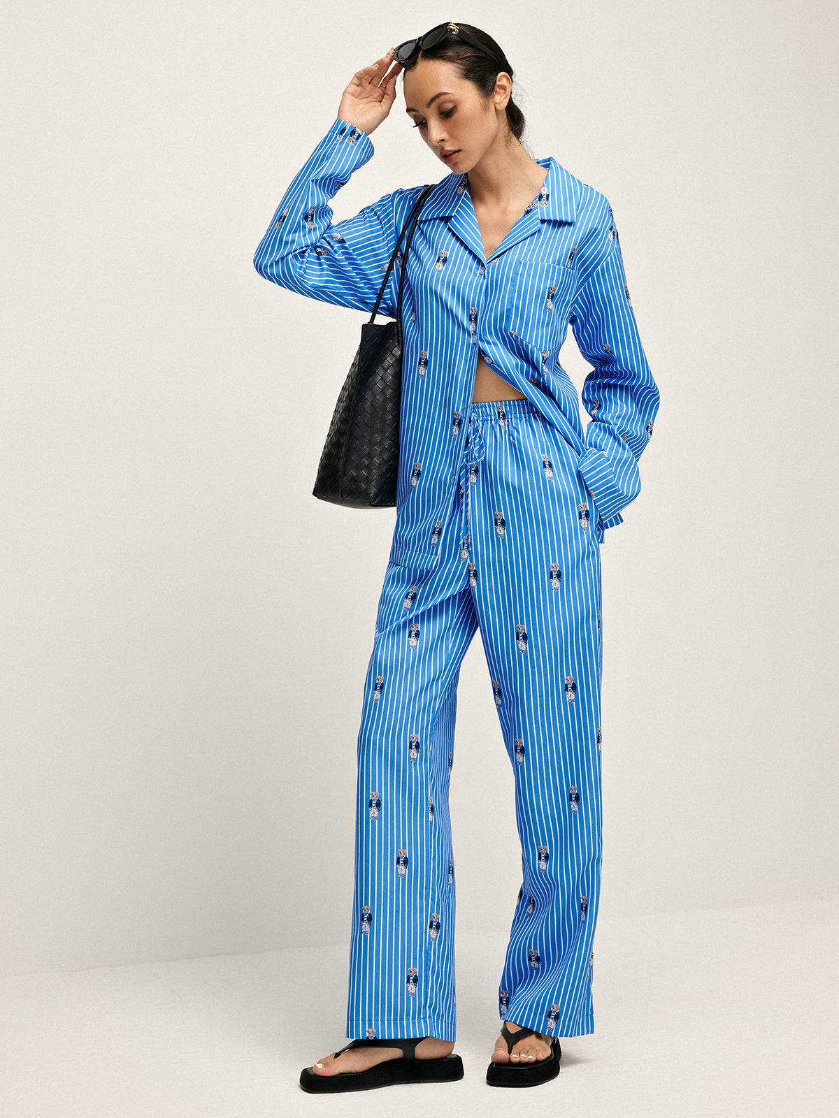 Pinstripe Lapel Printed Pants Set