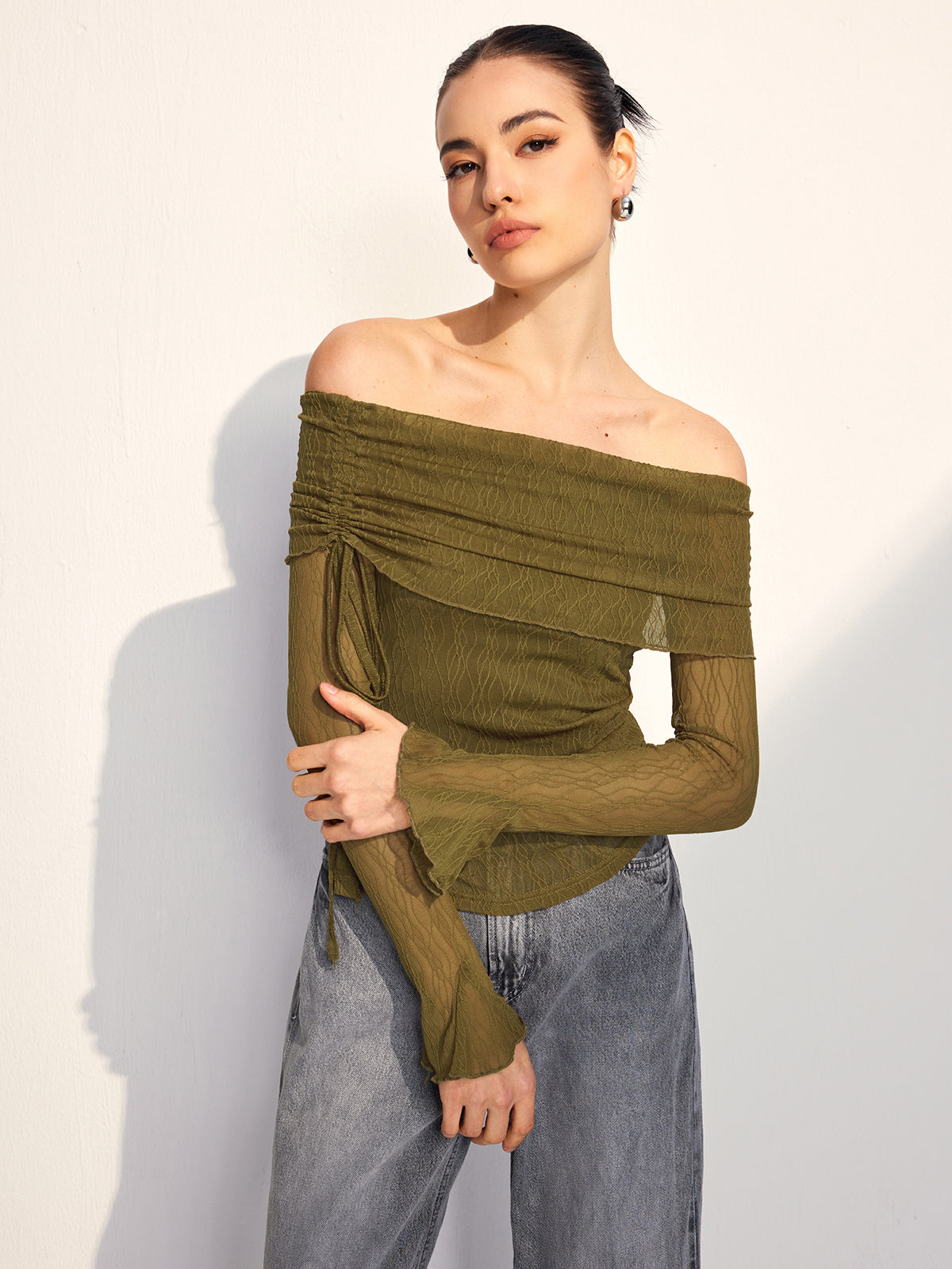 Off Shoulder Drawstring Blouse