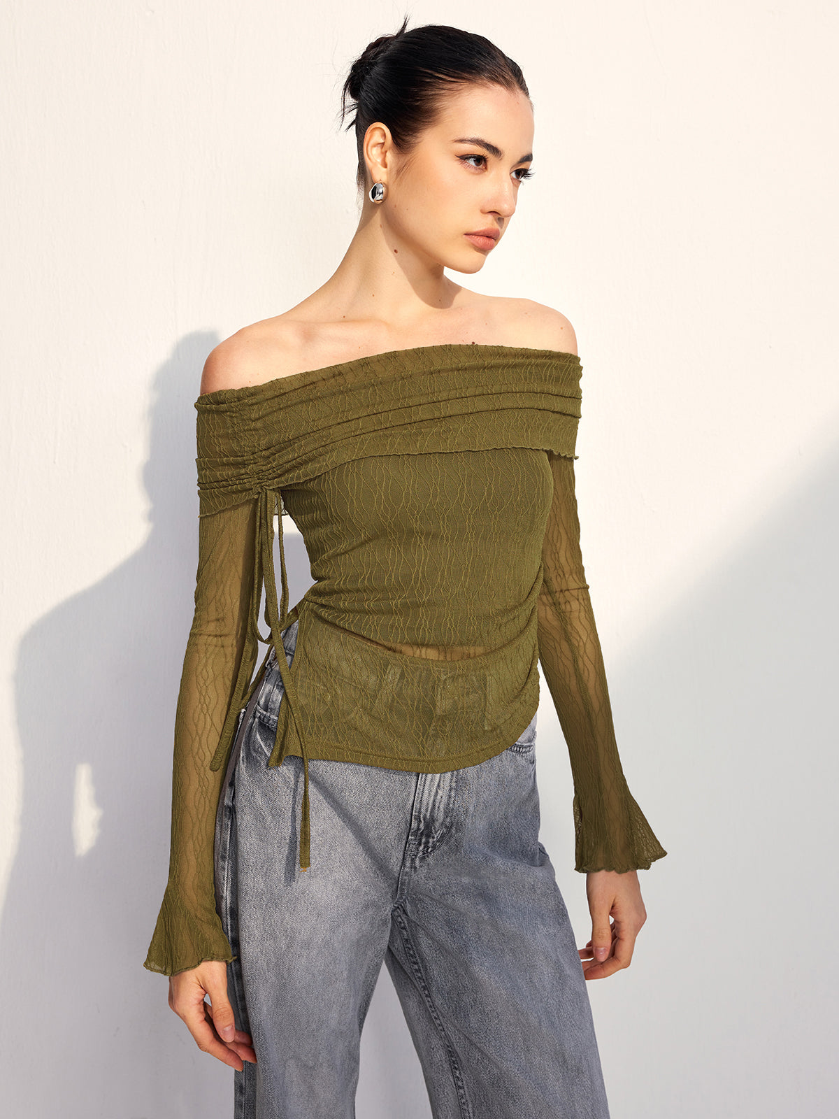 Off Shoulder Drawstring Blouse