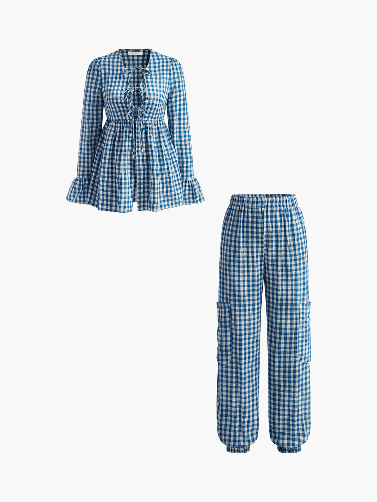 Plaid Ruffle Elastic Waist Pants Set