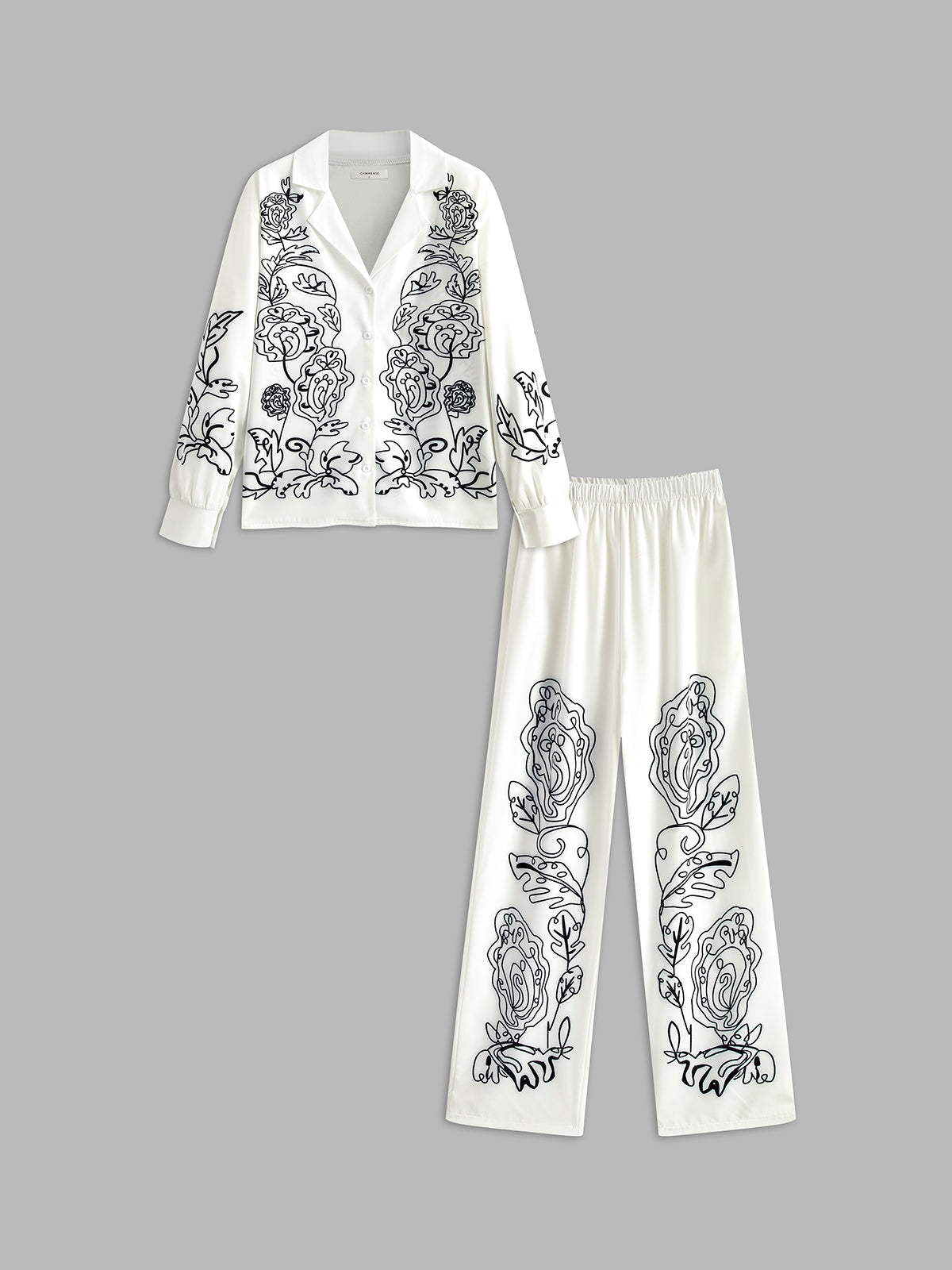 Lapel Printed Elastic Waist Pants Set