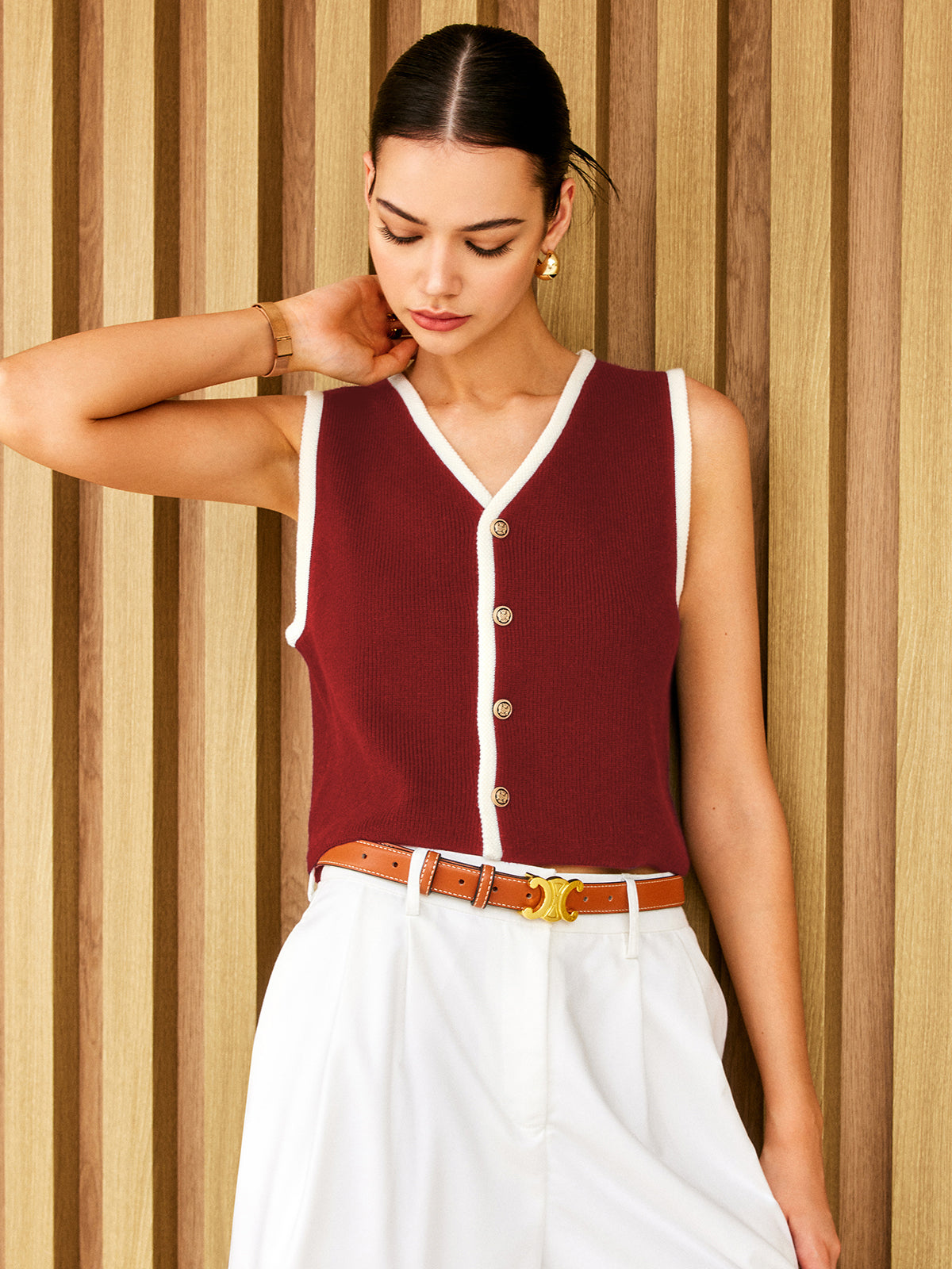 Contrast Binding Golden Button Sweater Vest