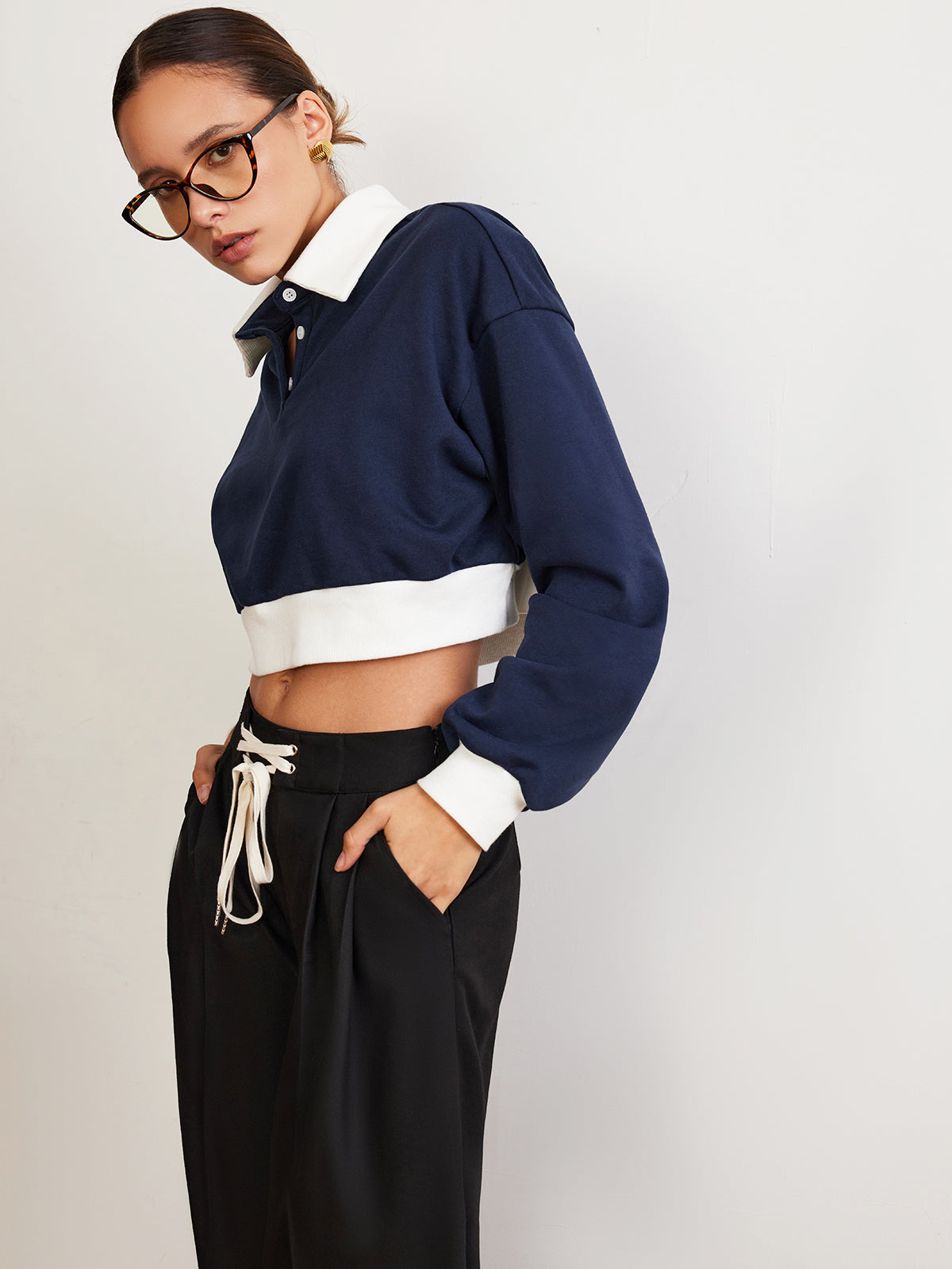 Patchwork Polo Crop Sweatshirt