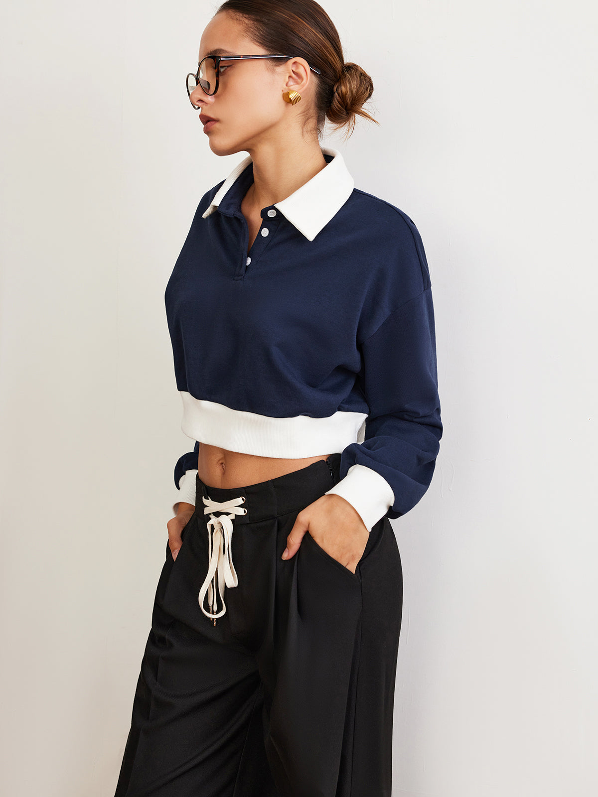 Patchwork Polo Crop Sweatshirt