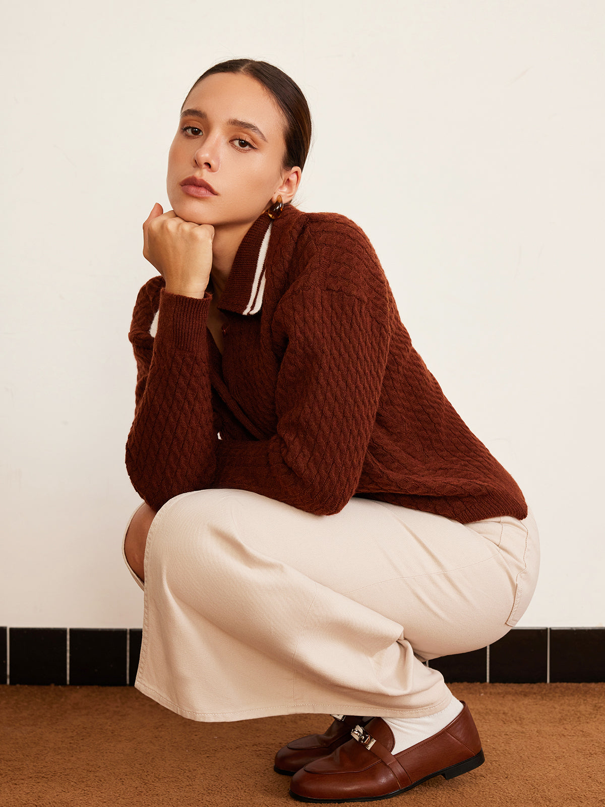 Cable Knit Button Polo Sweater