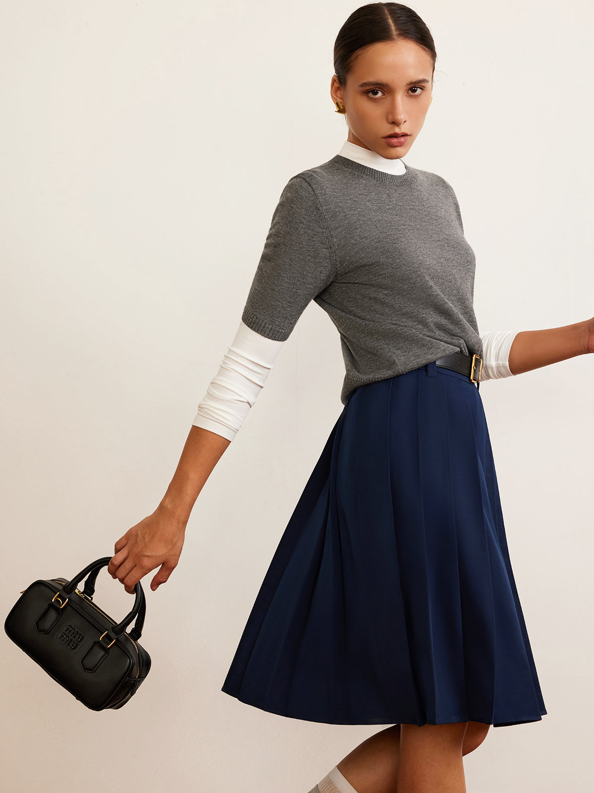 Pleated Midi Skirt With Belt