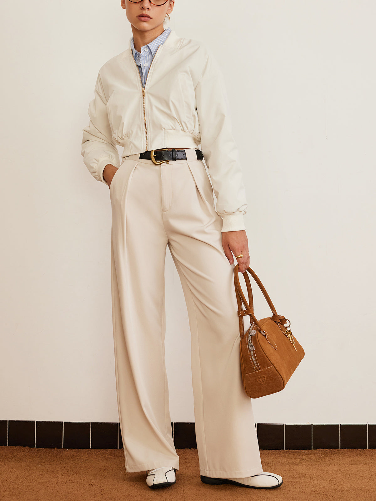 Pleated High-Waist Belted Pants