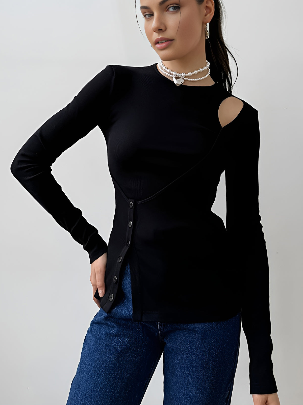 Cutout Panel Button Blouse