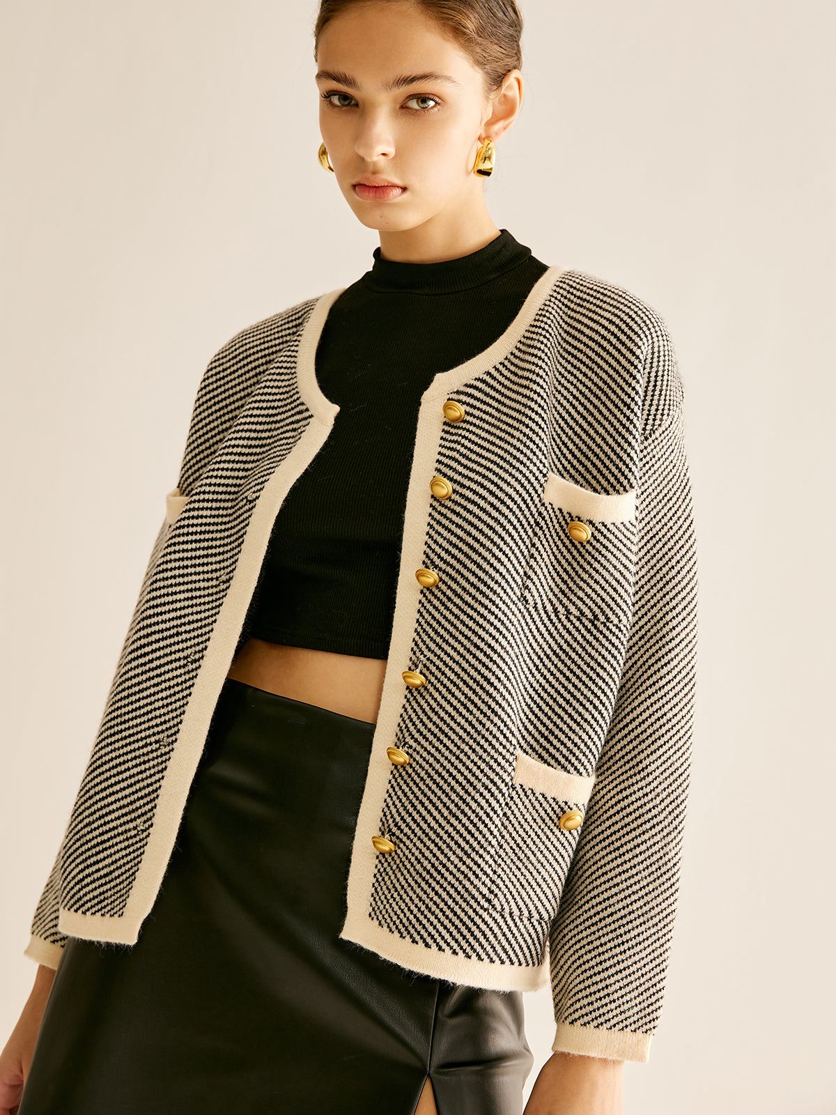 Contrast Trim Pockets Knit Outerwear