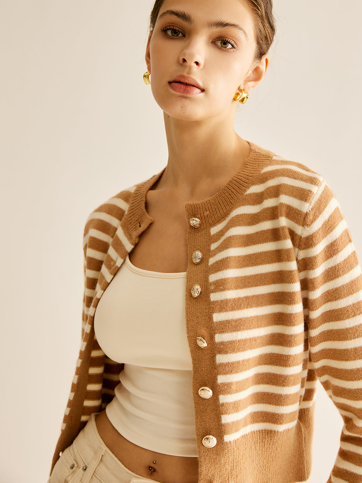 Crew Neck Striped Corset Cardigan