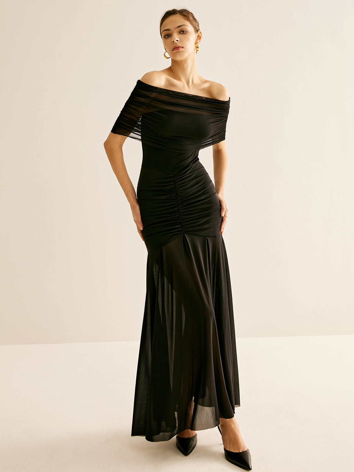 Pleated Mesh Tube Dress With Shawl