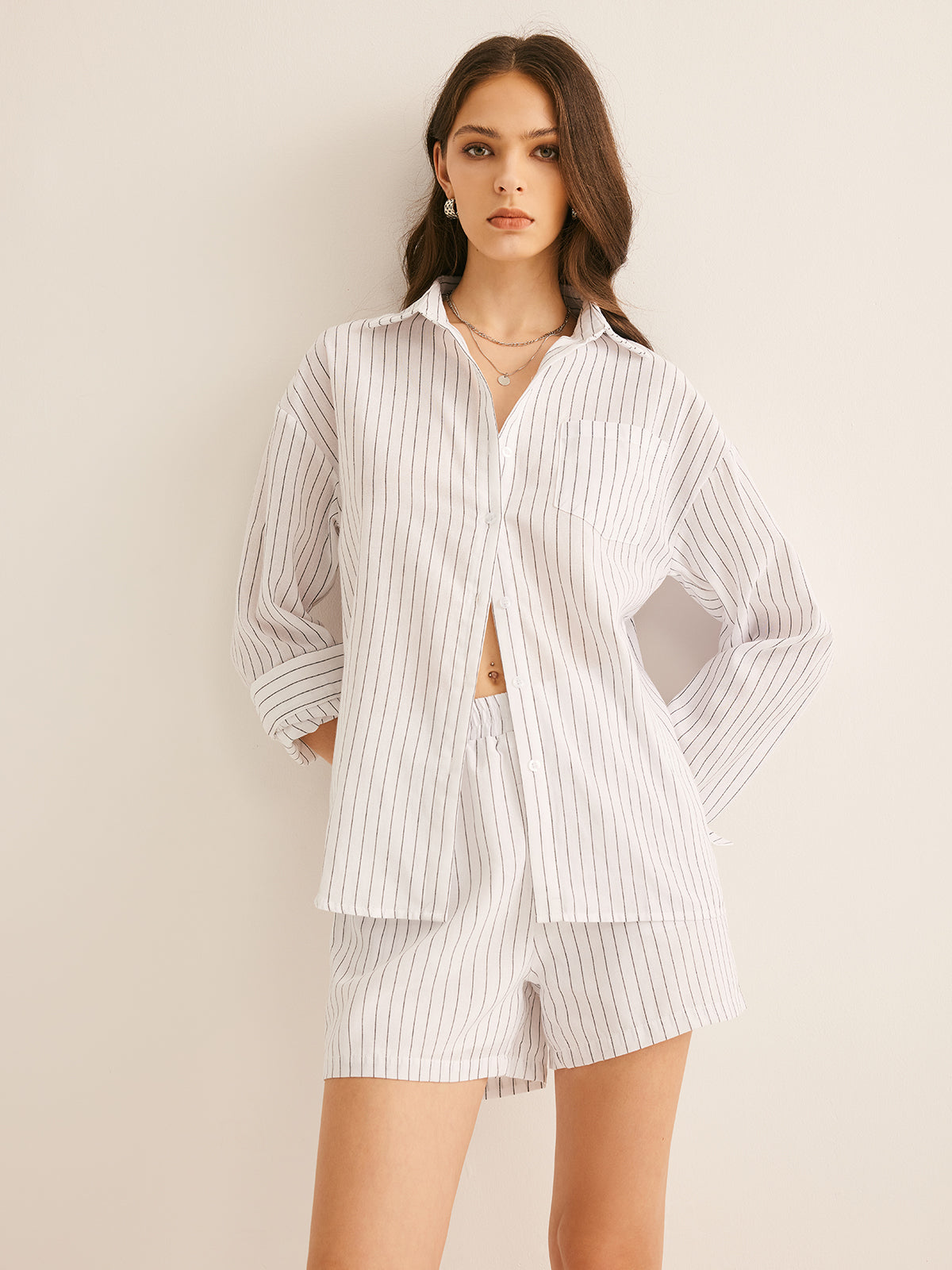 Pinstripe Lapel Drawstring Shorts Set