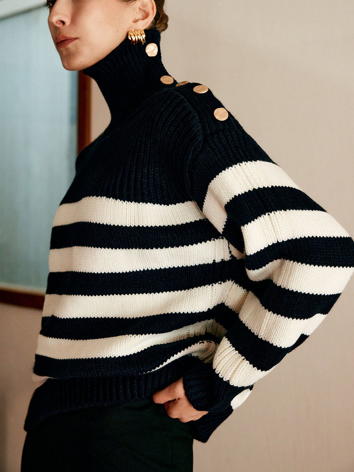 Wool-Blend Turtleneck Striped Sweater