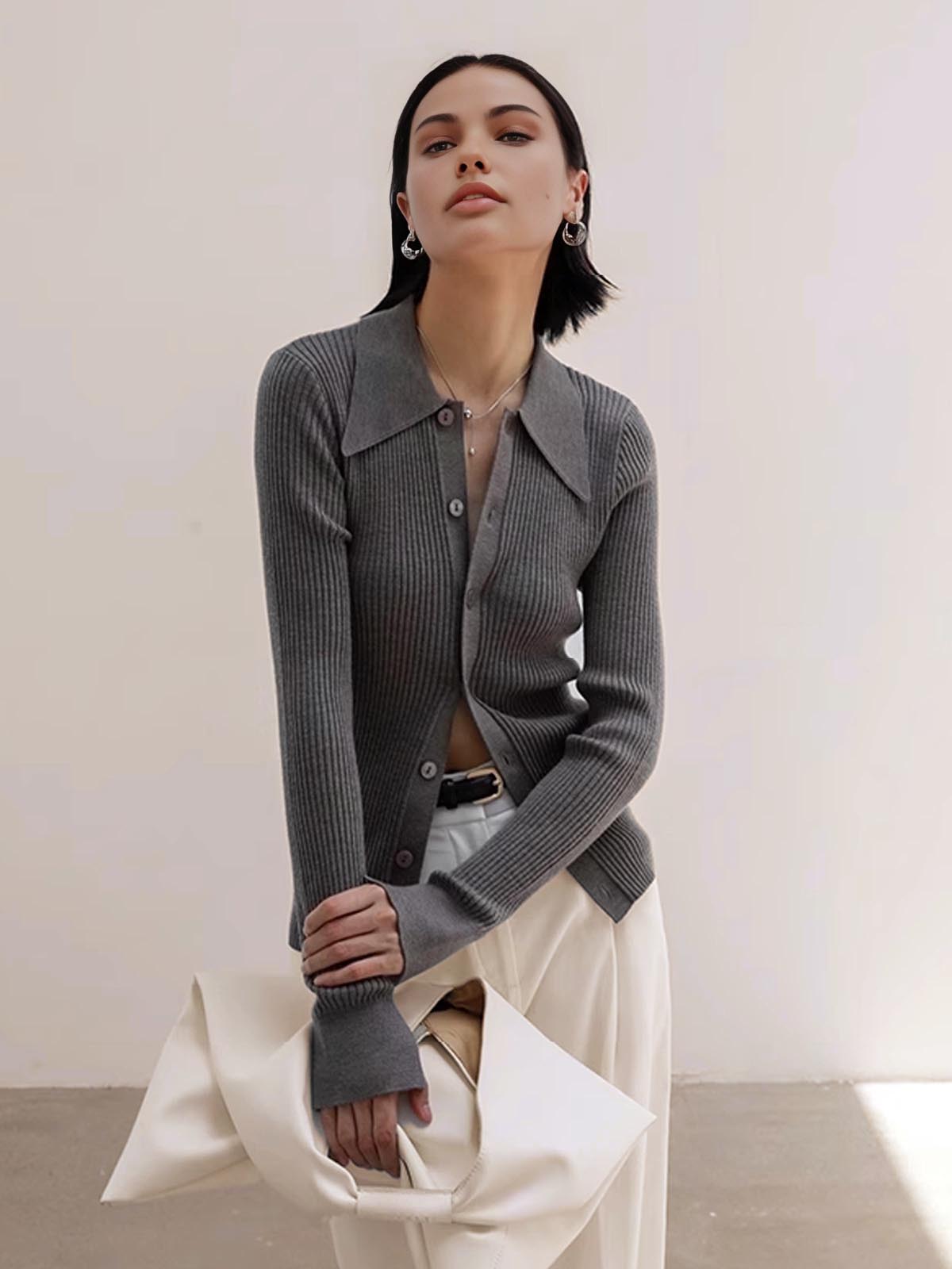 Ribbstickad Lapel Slim Cardigan