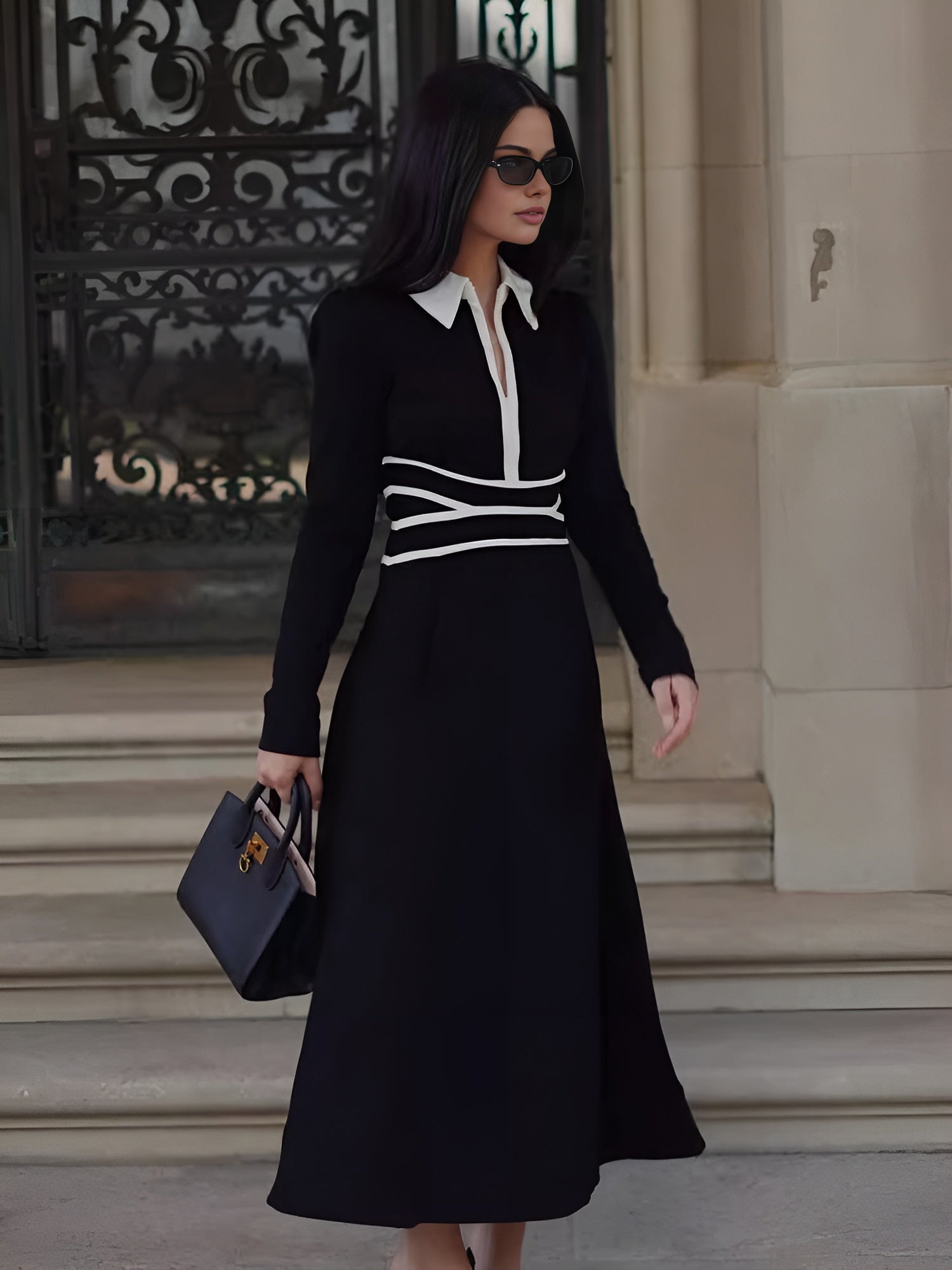 Contrast Piping Long Sleeve Lapel Dress