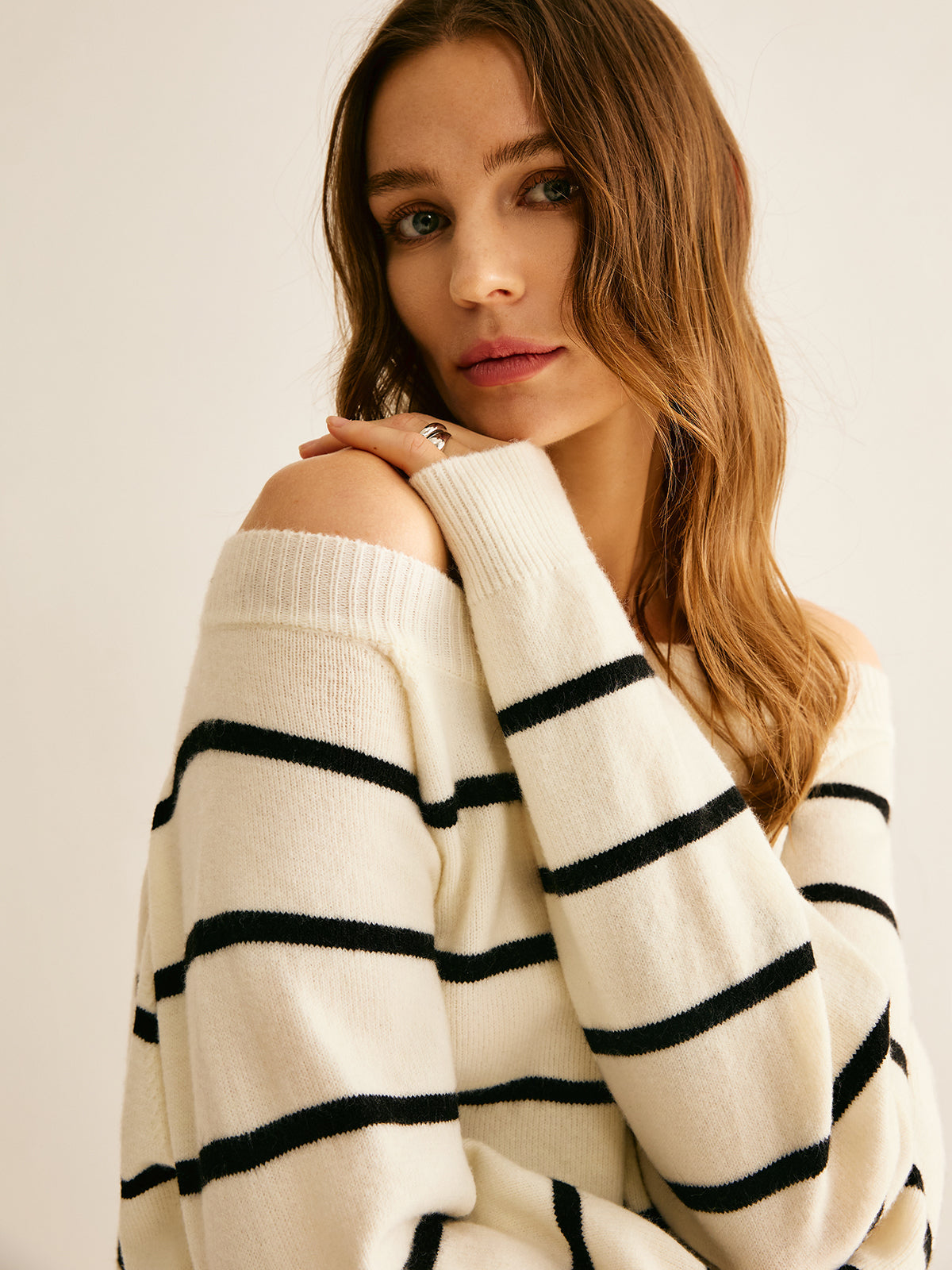 Off Shoulder Striped Pullover Sweater