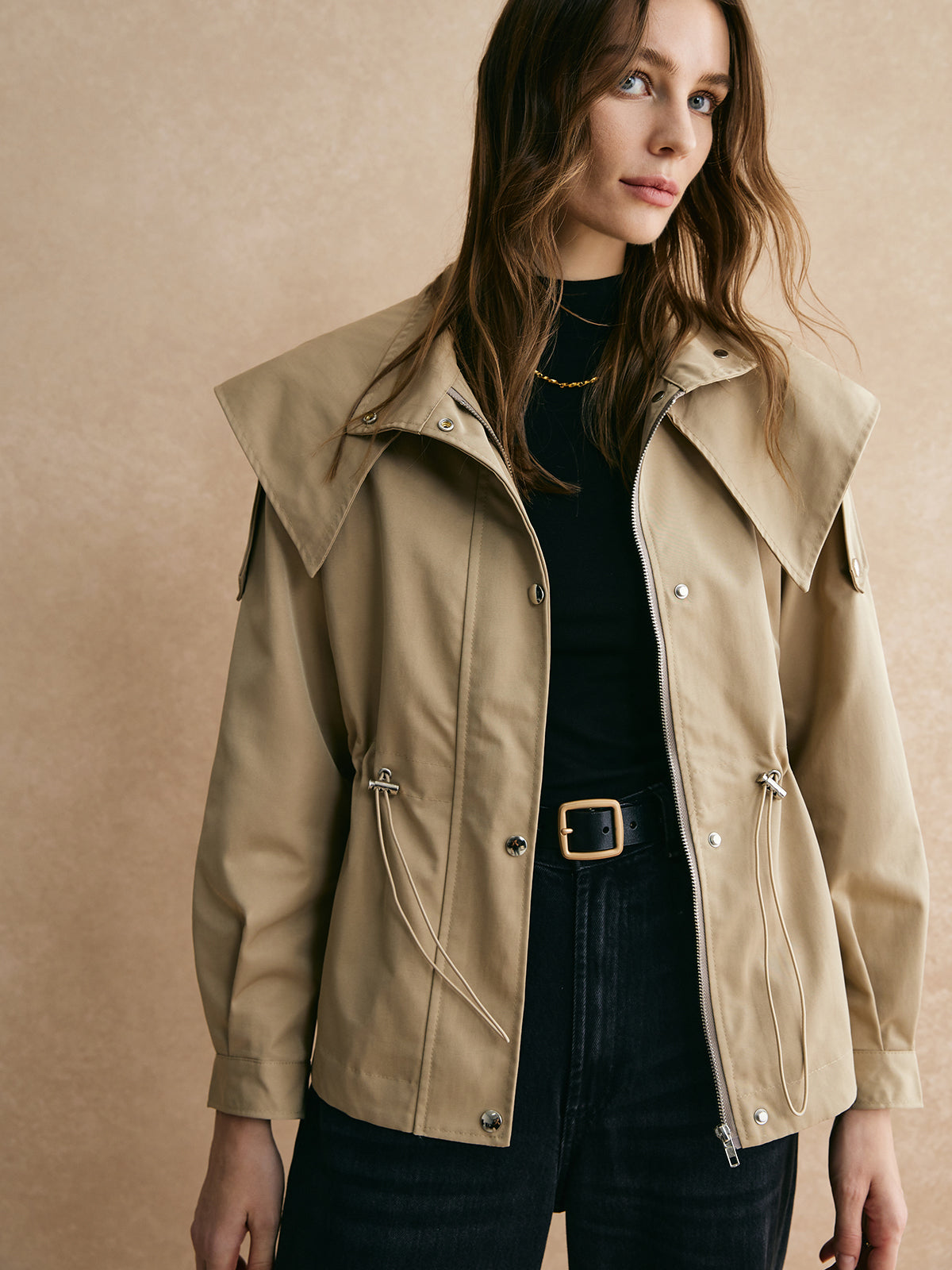 Drawstring Waist Zipper Trench Coat