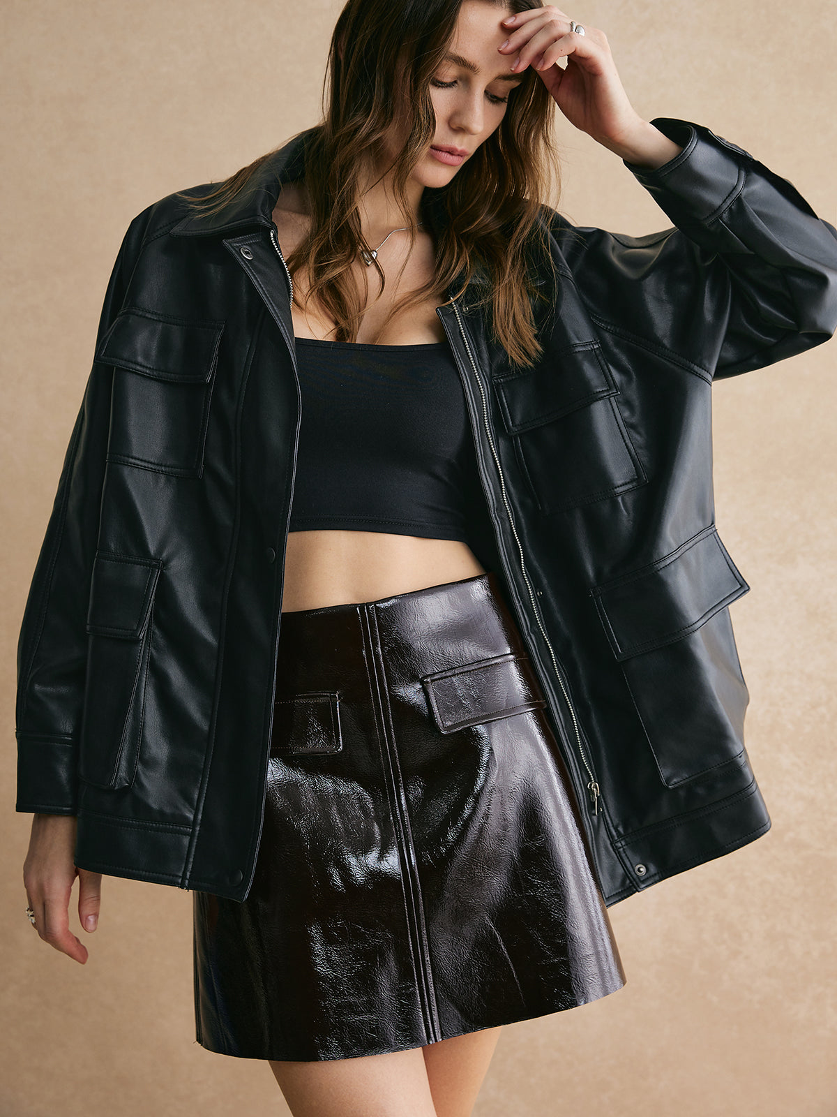 Lapel Belted Zipper PU Leather Jacket