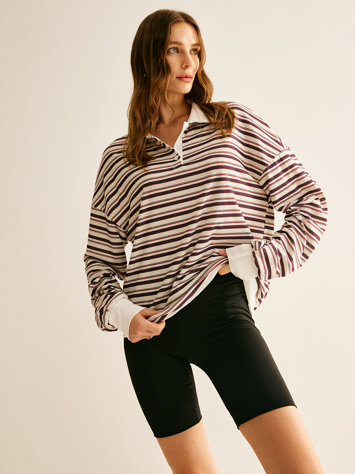 Contrast Trim Striped Polo Sweatshirt