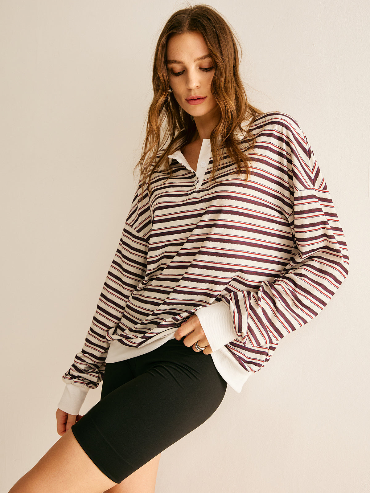 Contrast Trim Striped Polo Sweatshirt