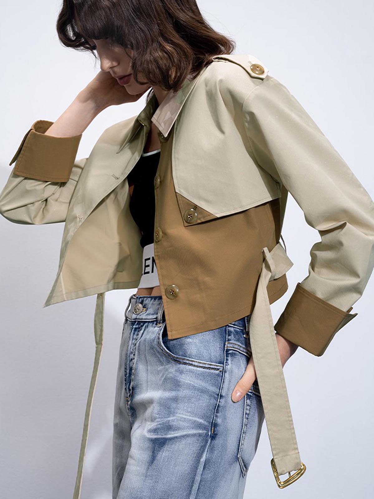 Two Tone Buckle Belted Trench Coat